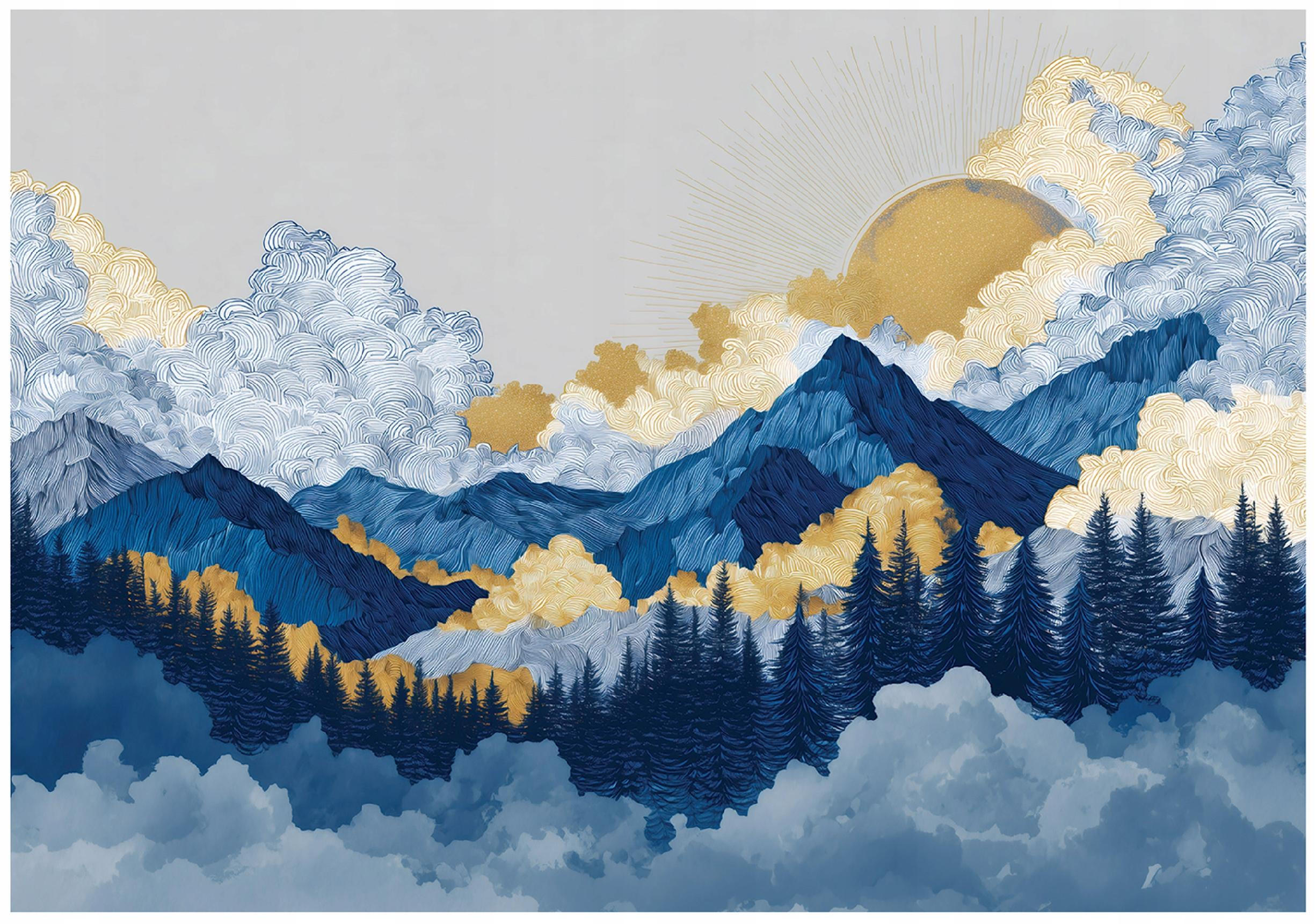 FOTOTAPETE Gebirge Aquarell Blau 250x175 cm - Multicolor, Papier (250/175cm) - Wallarena