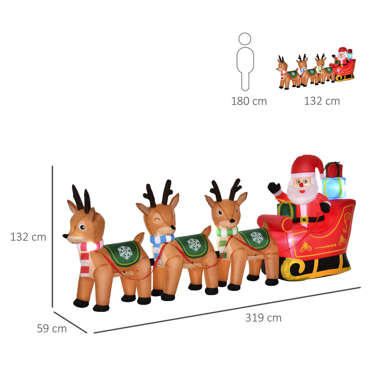 AUFBLASBARER Weihnachtsmann auf Schlitten Dekoration 1,3 m mit Lichtern - Multicolor, Kunststoff (59/132/319cm) - HOMCOM