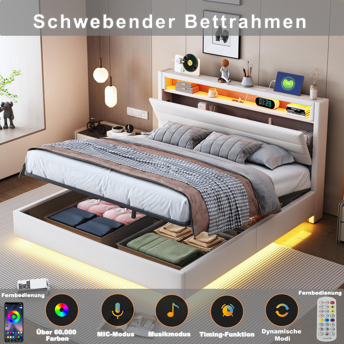 POLSTERBETT 140/200 cm in Beige Leinen mit Bettkasten, LED und USB - Beige, Holzwerkstoff/Textil (140/200cm) - WISHDOR