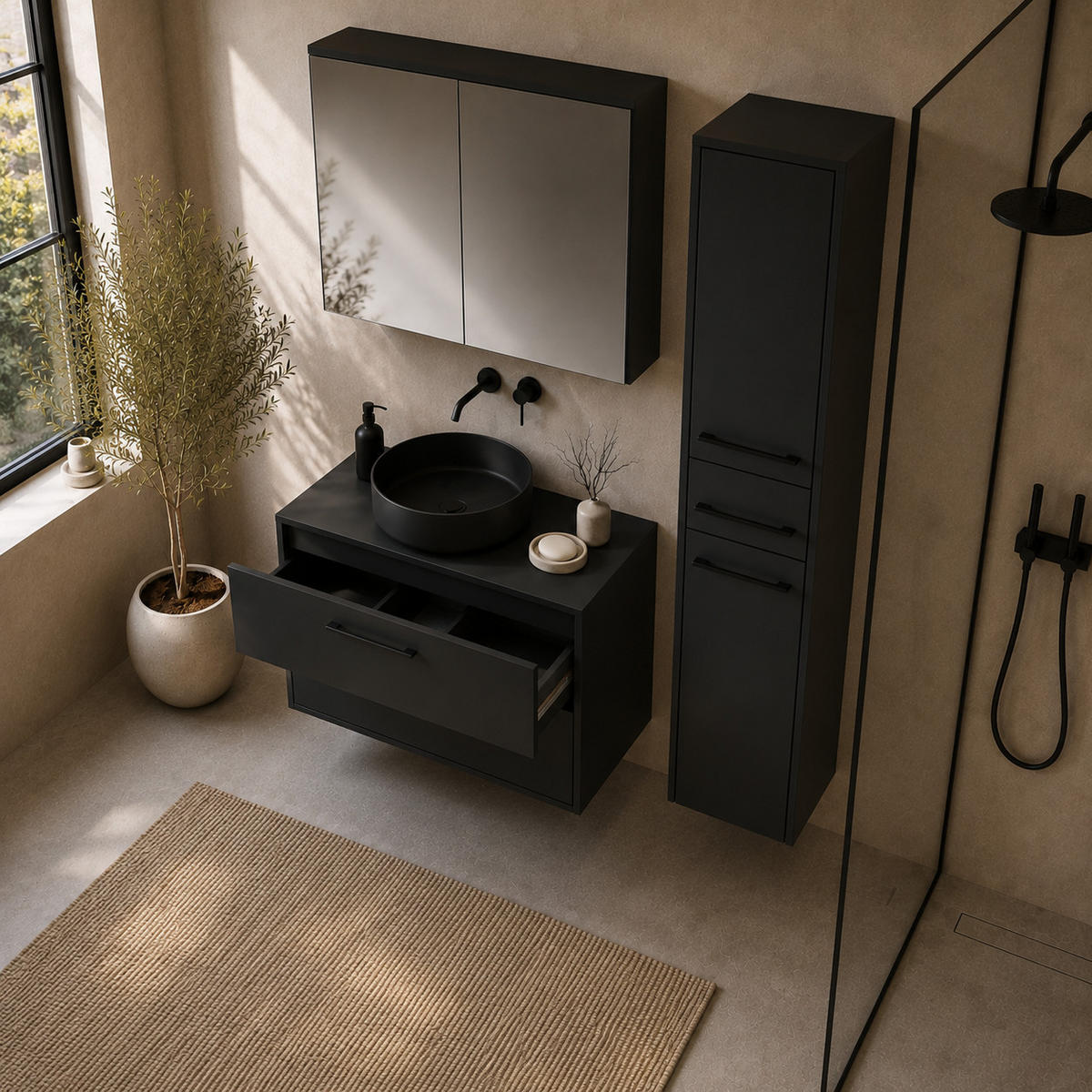 BADMÖBEL-SET Florence 3 Teile Matt schwarz - 80 x 46 x 46 cm - Schwarz, Holz (80/46/46cm) - Badplaats