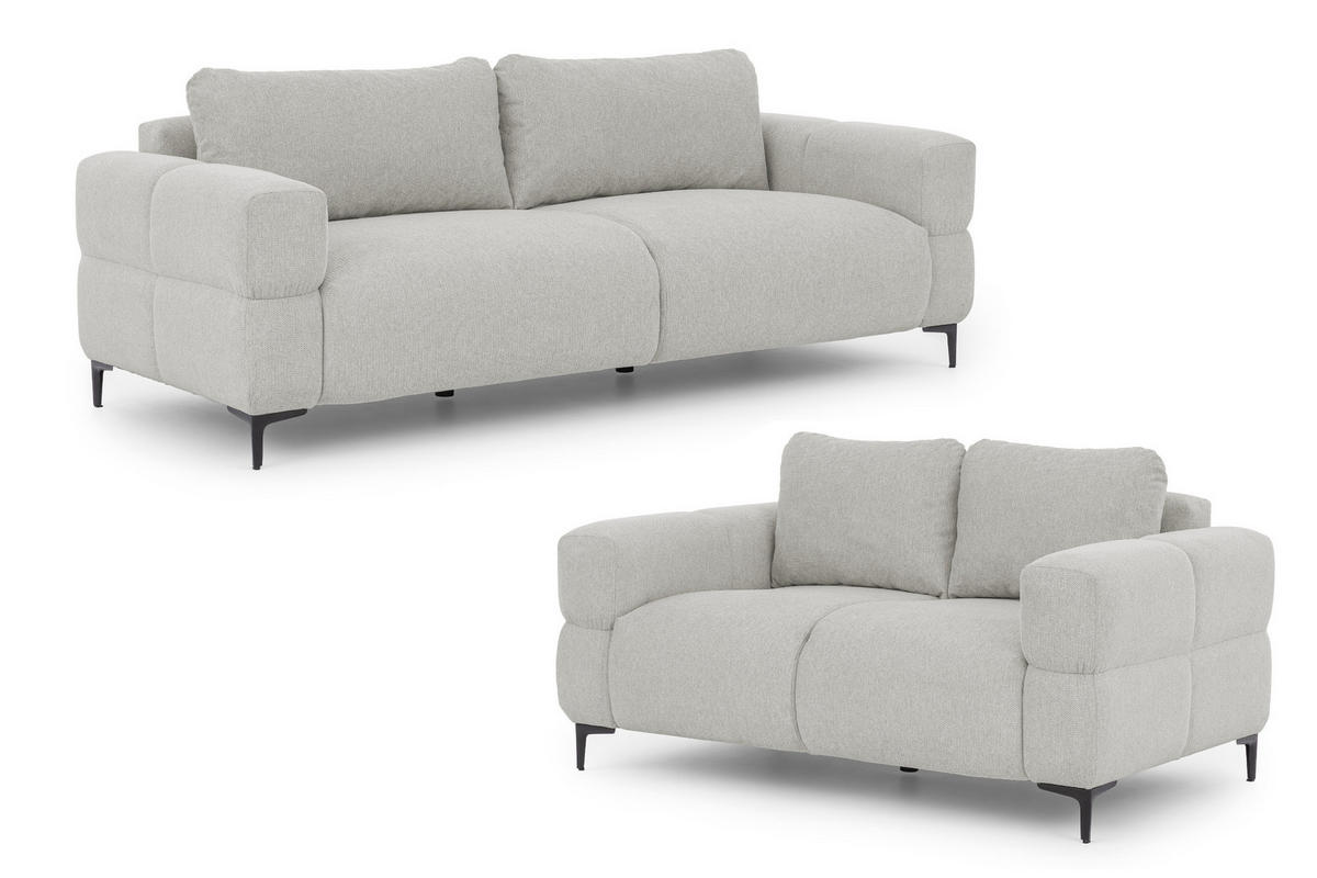 SITZGARNITUR 3+2 Cardea in Bubble-Optik aus weichem Hellgrau Strukturstoff mit hohem Sitzkomfort - Hellgrau/Schwarz, Holz/Textil (217/80/97cm) - S-Style Möbel