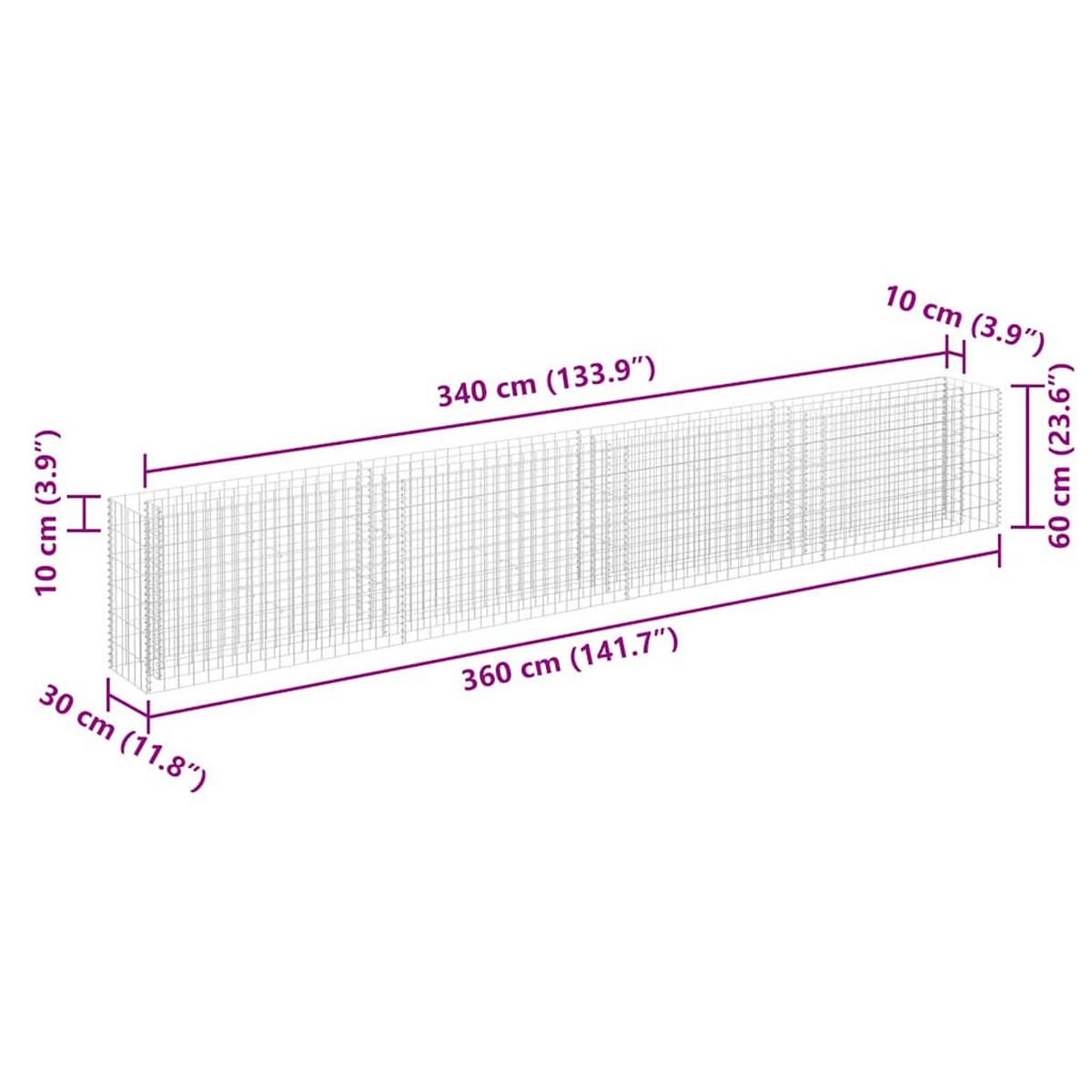 GABIONEN-HOCHBEET Verzinkter Stahl 360/30/60 Cm - Silberfarben, Metall (360/60/30cm) - vidaXL