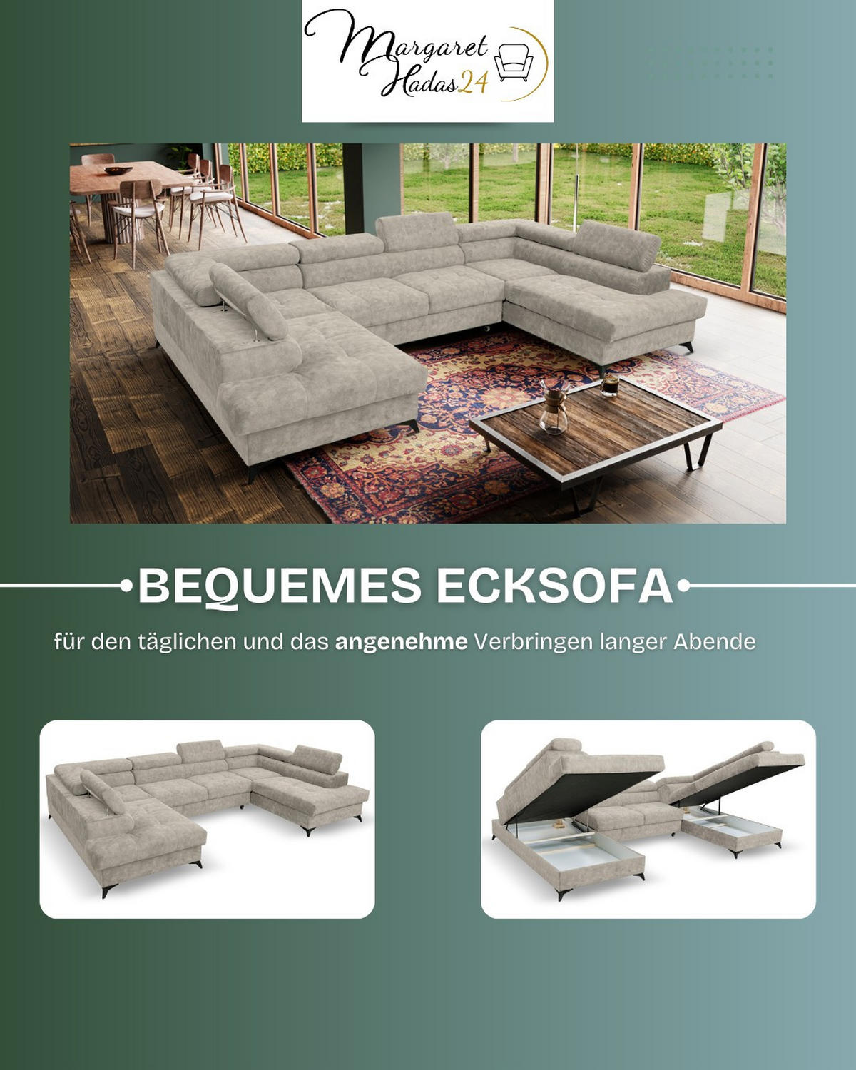 WOHNLANDSCHAFT Palermo in U-Form, beige, Stoff Sally, mit Schlaffunktion und zwei Bettkästen, 345 x 202 cm - Beige, Kunststoff (345/87/202cm) - Margaret Hadas24