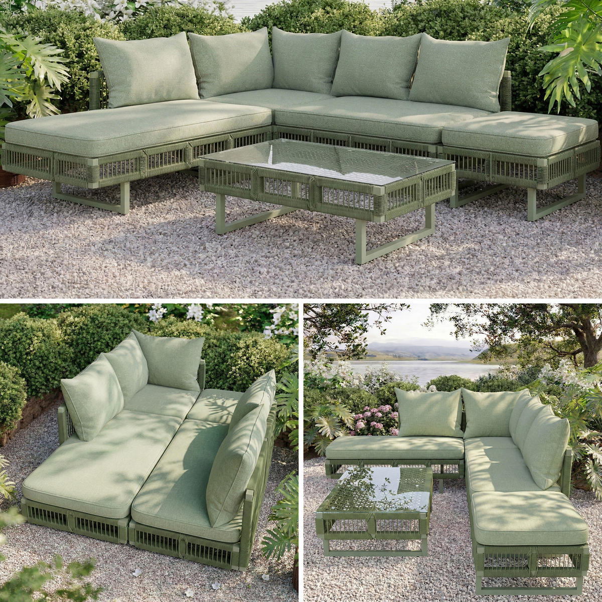 LOUNGESET, Seilgeflecht, Verstellbare Füße, Glas-Couchtisch, Grün - Grün, Metall - FLIEKS