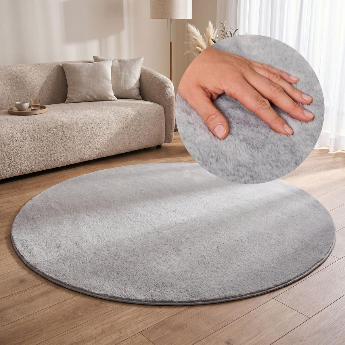 KURZFLORTEPPICH LUMI rund hellgrau kuschelweich waschbar 160/160 cm - Hellgrau, Textil (160/160cm) - Tapiso