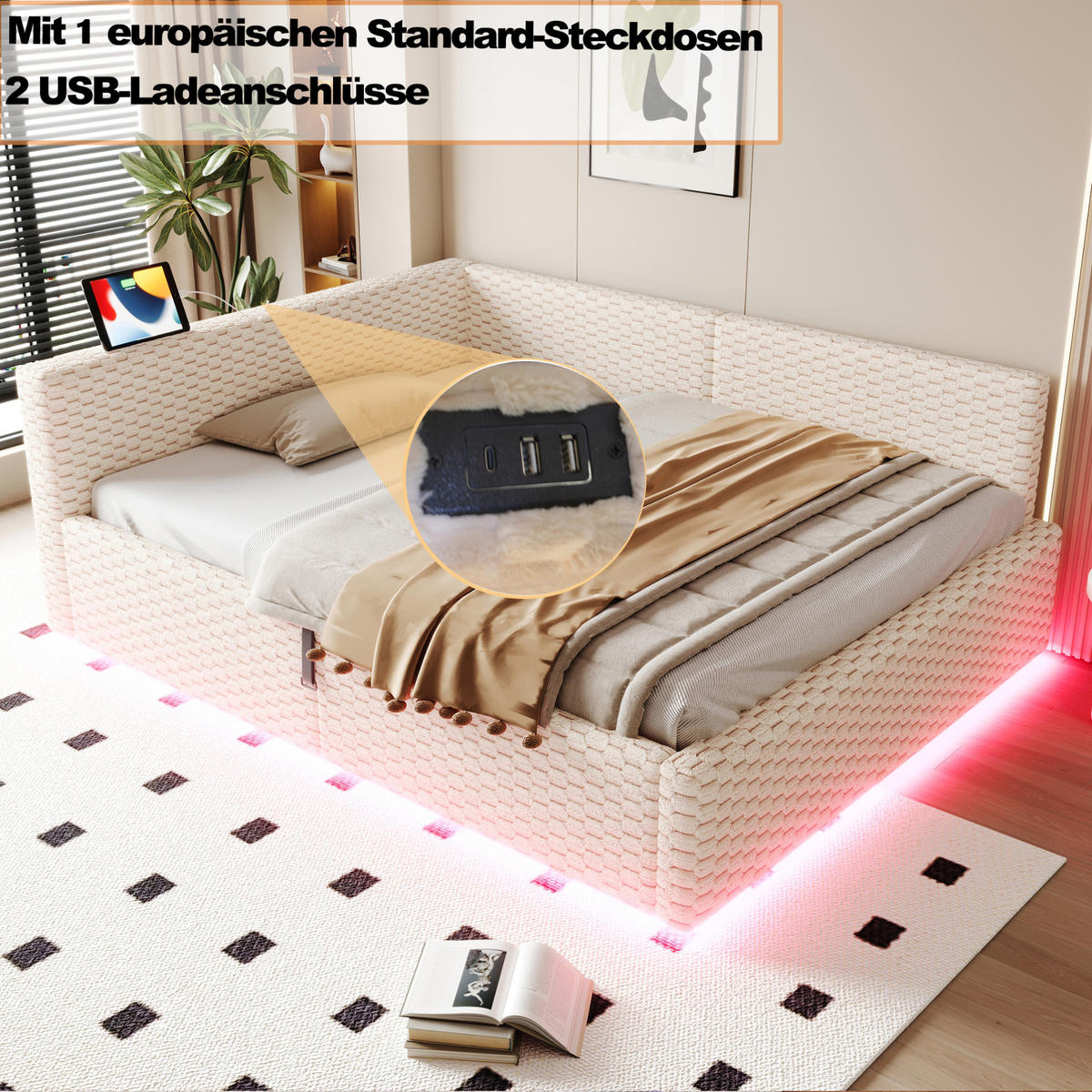 POLSTERBETT 140/200 cm in Beige mit LED, USB- und Type-C-Anschlüssen - Beige, Textil (140/200cm) - Flora Grace