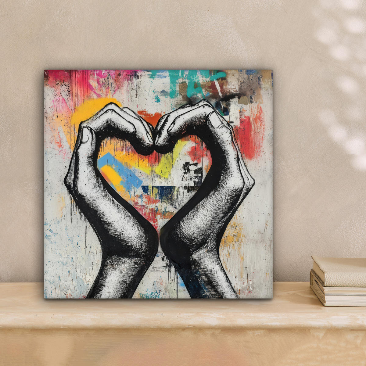 OBRAZ NA PLÁTNE Ruky - Srdce - Street art - Graffiti 20x20 cm - viacfarebná, textil (20/20cm) - MuchoWow