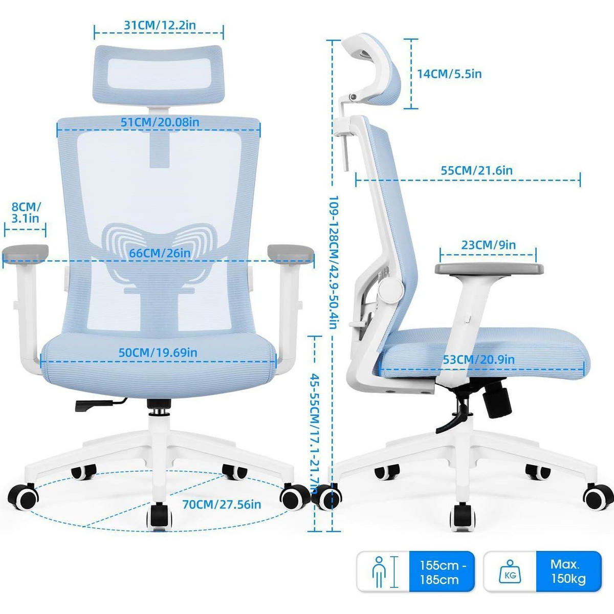 BÜROSTUHL Ergonomisch mit Kopfstütze und Lendenwirbelstütze Blau - Hellblau, Textil (70/128/70cm)