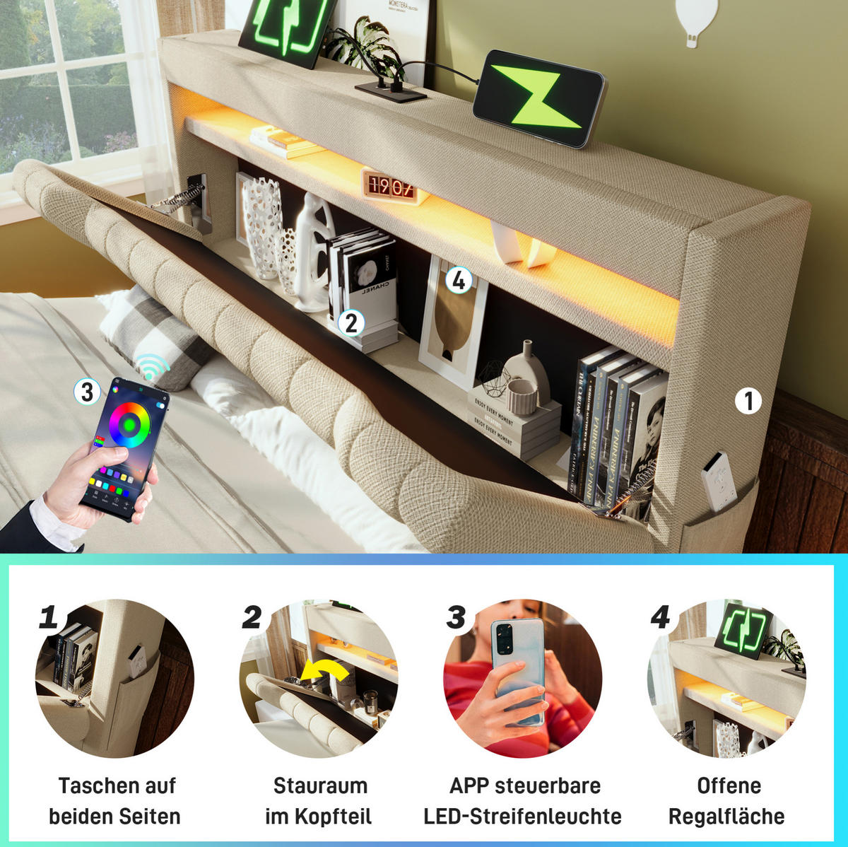 POLSTERBETT aus Leinen 180x200 cm Beige mit LED-Beleuchtung, USB-/Typ-C-Anschlüssen und Bettkasten - Beige, Textil (180/200cm) - IVMEU