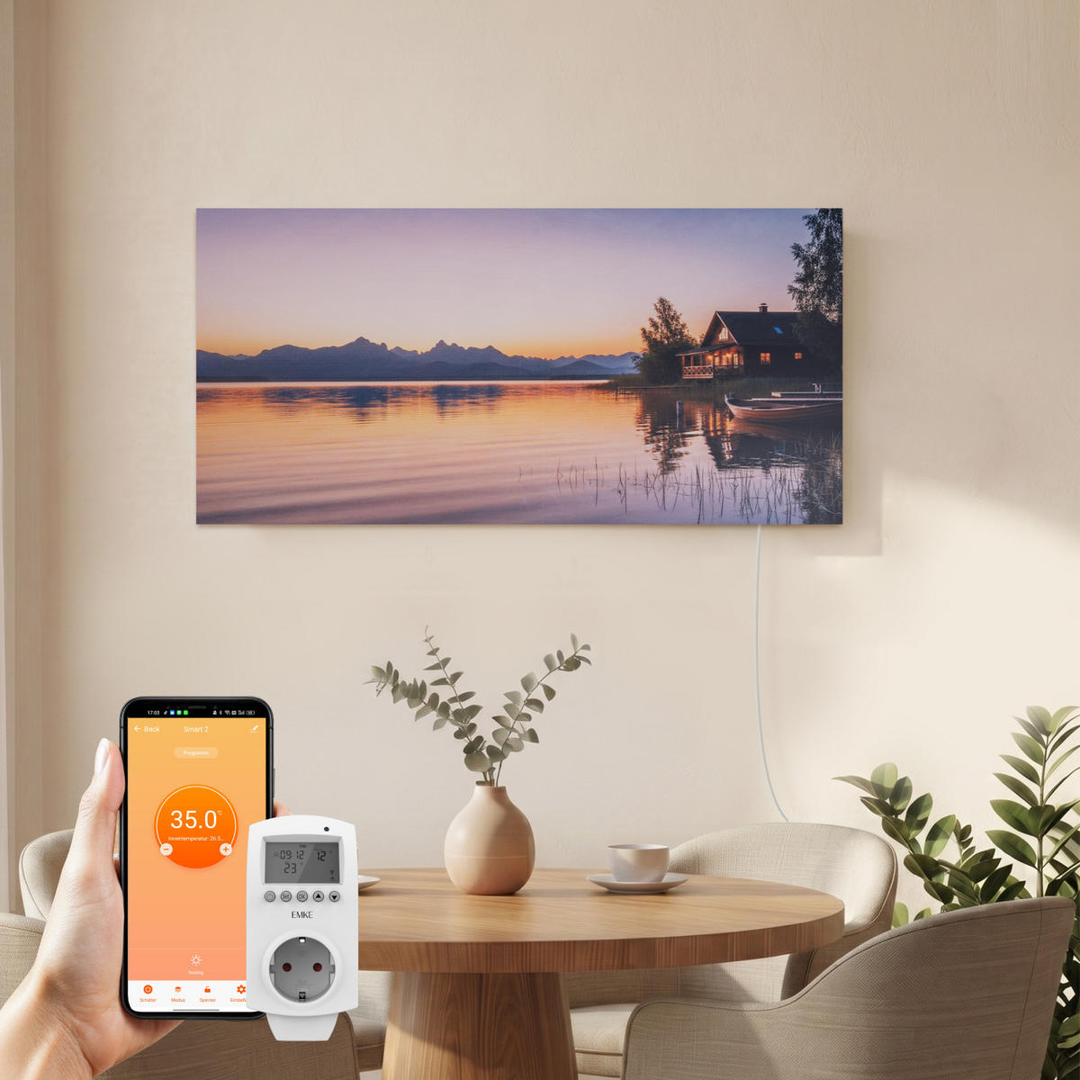 WANDKONVEKTOR Elektrisch mit dekorativem Landschaftsbild, Thermostat und WLAN App Steuerung, 119,5/59,5/1,8 cm - Weiß, Kunststoff/Metall (119.5/59.5/1.8cm) - EMKE