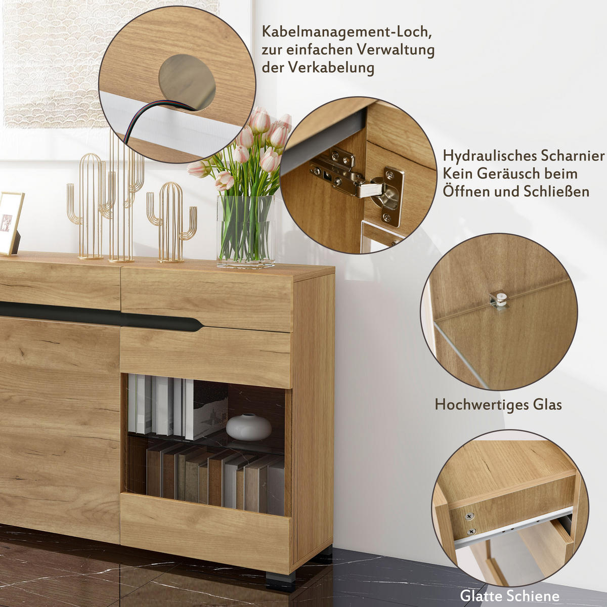 SIDEBOARD 140/35/80 cm mit 3 Türen, 3 Schubladen & LED in Eiche-Optik - Naturfarben, Holzwerkstoff (140/80/35cm) - BEAOK