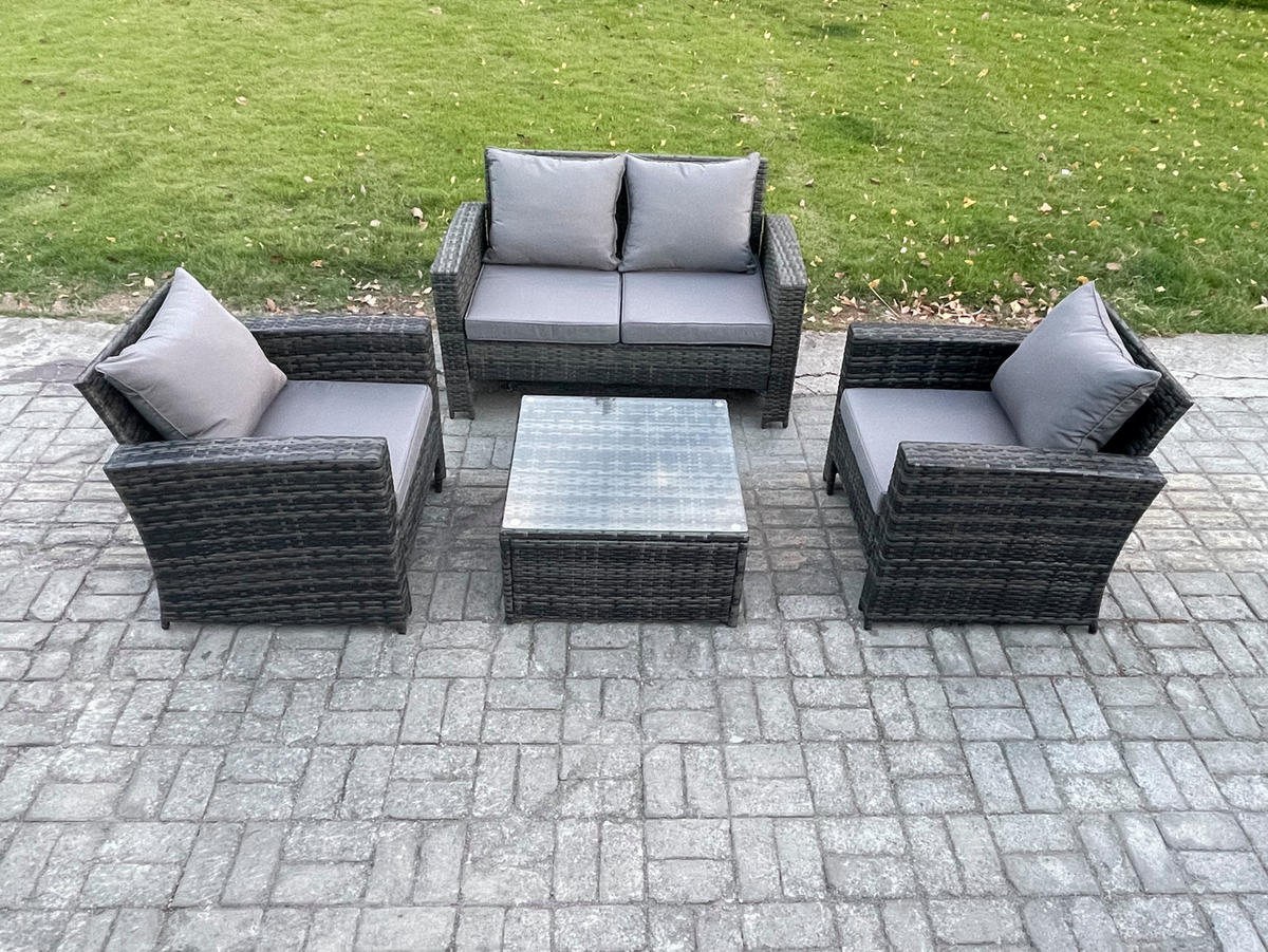 GARTEN-LOUNGE-SET MIT STUHL COUCHTISCH DOPPELSITZ-SOFA Polyrattan Dunkelgrau Gemischt 4-Sitzer - Dunkelgrau, Metall - Fimous