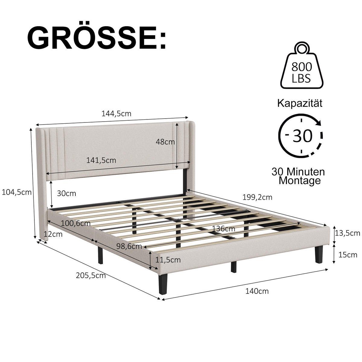 POLSTERBETT 140x200 cm Doppelbett mit Lattenrost, Leinenstoff Beige - Beige, Metall (140/200cm) - EuroLiving