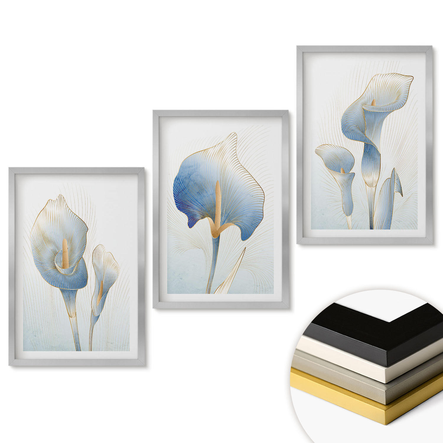 WANDBILDER 3er Set - 40x60 cm Silberner Rahmen - Blaue Blumen im Hintergrund - Silberfarben, Kunststoff (40/60cm) - ArtPrintCave