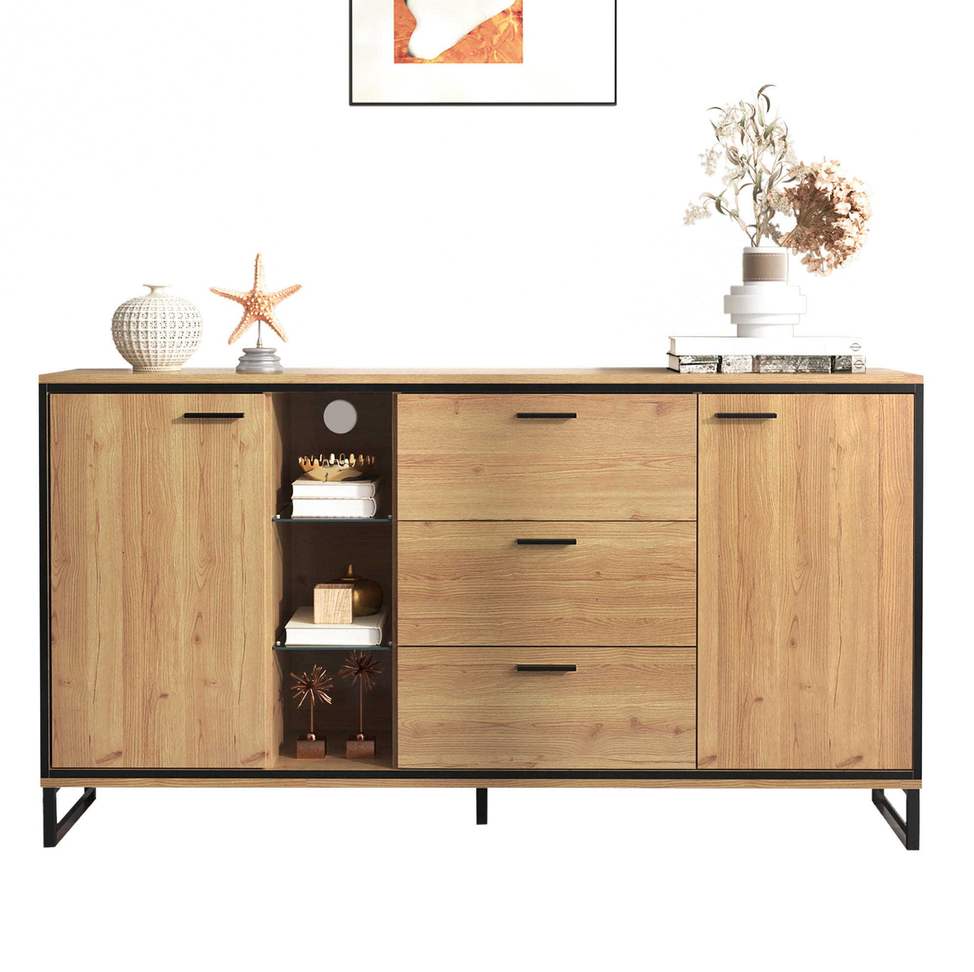 KOMODA 160/40/85 cm prírodná a čierna s LED osvetlením z drevotriesky a MDF - prírodná farba, kompozitné drevo (160/85/40cm) - OKWISH