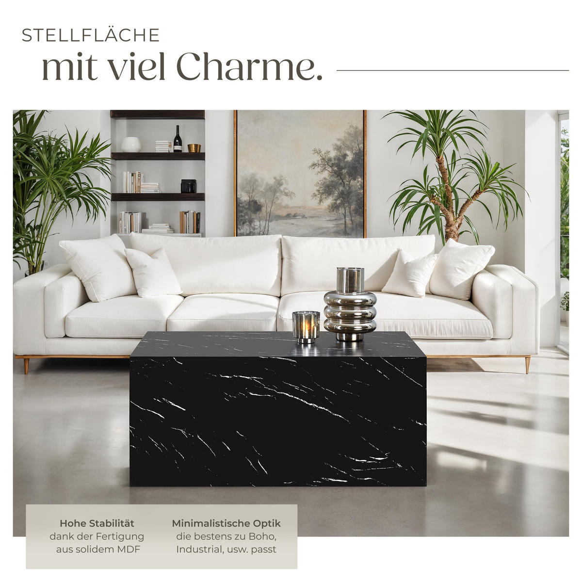 COUCHTISCH Lasley,inkl. Bodenschoner, Belastbarkeit 45 kg,Marmor Optik schwarz - Schwarz, Holz (50/90/40cm) - tectake