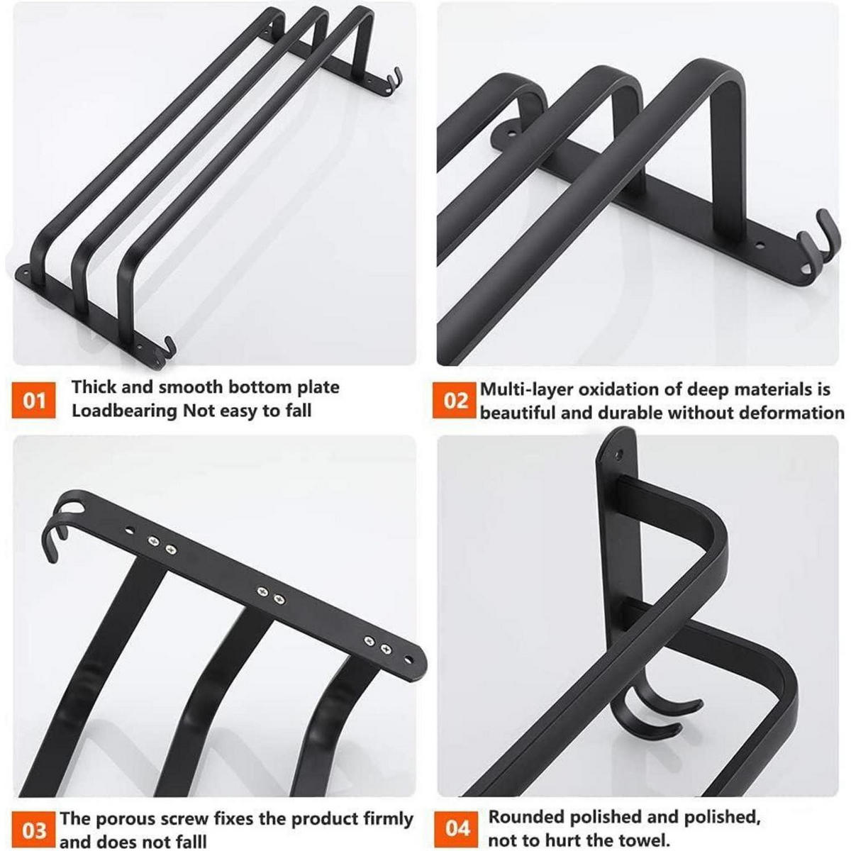 HANDTUCHHALTER Aluminium 3-Stöckig Wandmontage Schwarz 70 cm - Schwarz, Metall (20/40/80cm)