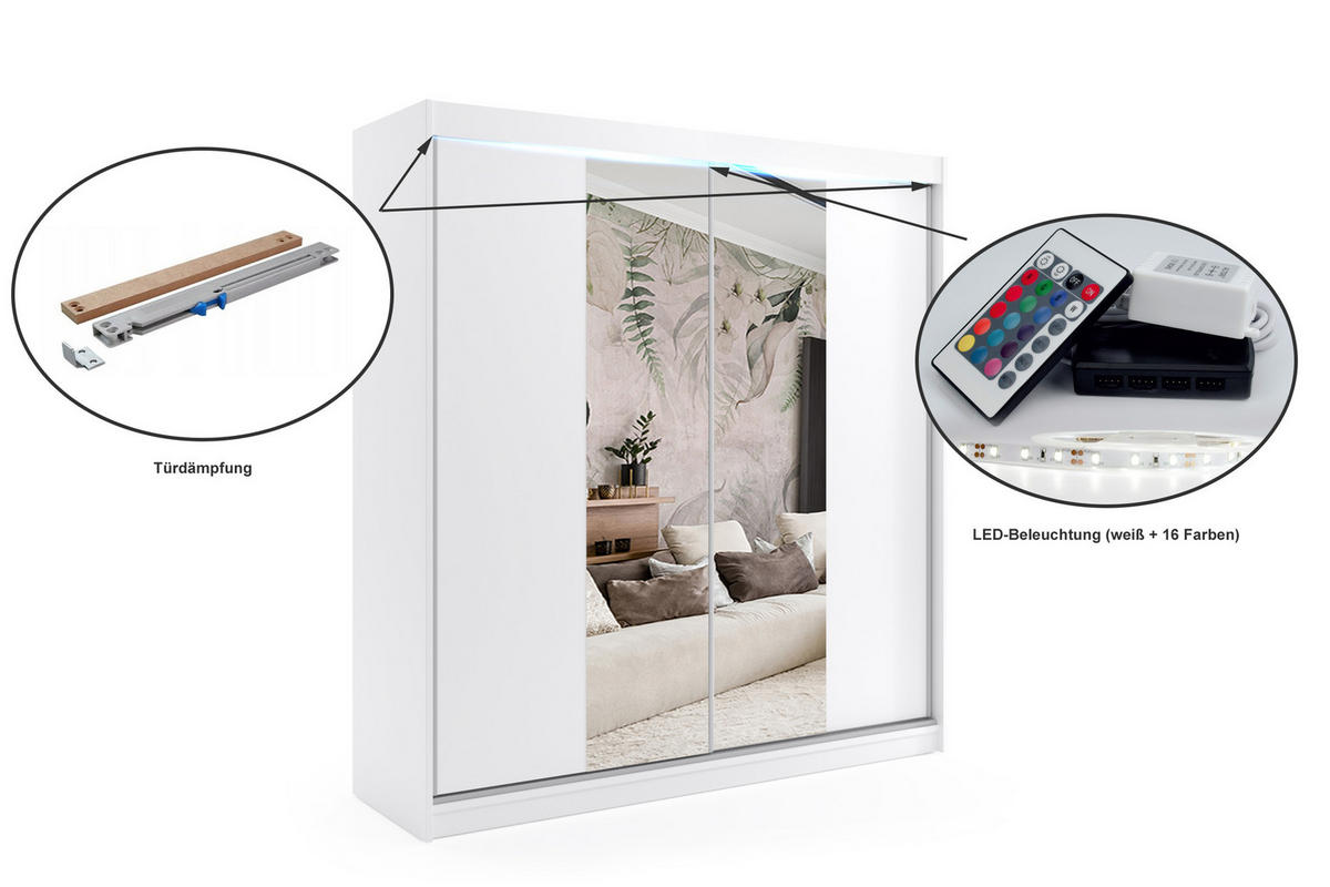 KLEIDERSCHRANK mit Spiegel-Schiebetüren und Aluminium-Leisten, LED-Beleuchtung - LUZO - 200 cm Weiß - Weiß, Holzwerkstoff (200/216/61cm) - ALTDECOR
