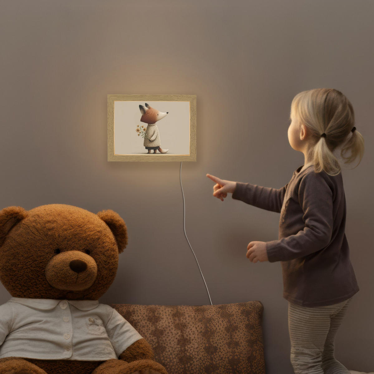 NACHTTISCHLAMPE Fuchs - Gelbe Blumen - Minimalistisch 20x15 cm - Taupe, Holzwerkstoff (8/20/15cm)