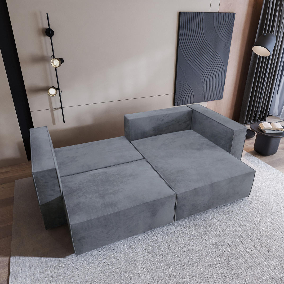 ECKSOFA NERIO M Grau Velours-Stoff mit Schlaffunktion - Grau, Holz (245/148cm) - MASSENO