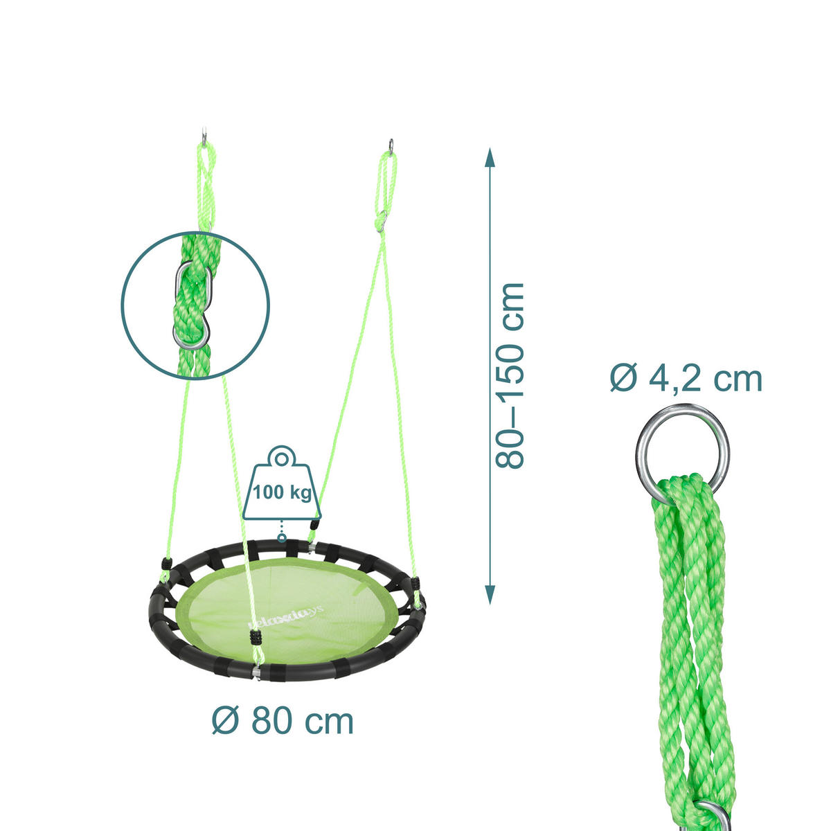 HOUPAČKA Zelená hnízdová kulatá 80 cm nastavitelná výška - různobarevná, kov/textil (80/160/80cm) - Relaxdays