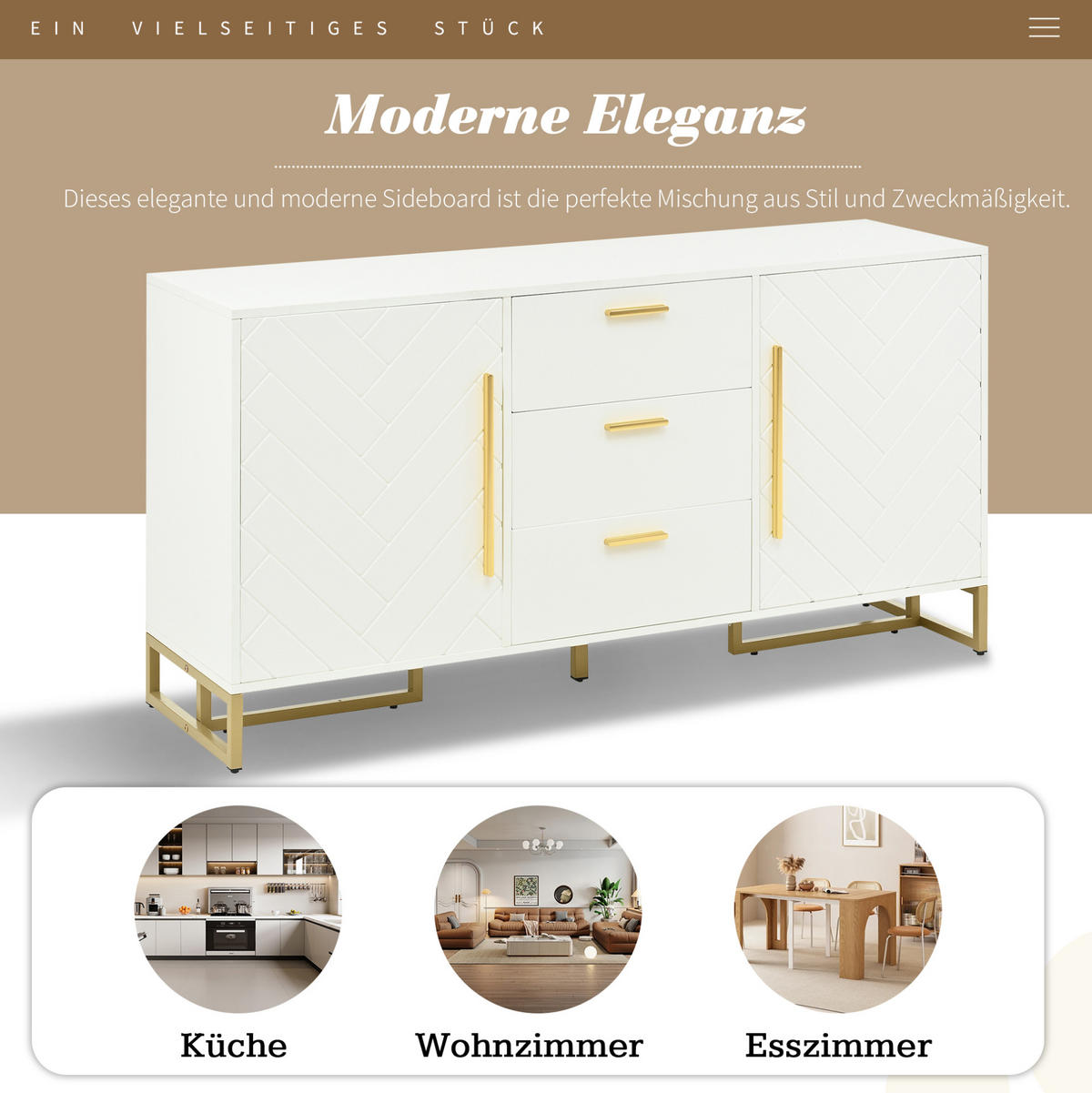 SIDEBOARD mit 2 Türen und 3 Schubladen in Weiß – modernes Design mit Fischgrätenmuster - Weiß, Holzwerkstoff (145/75/40cm) - BEAOK