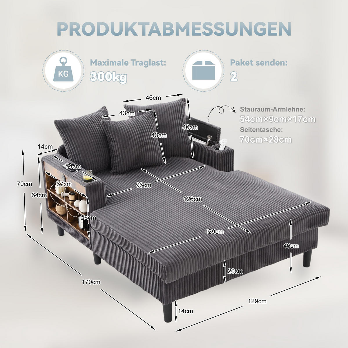 RELAXLIEGE XXL Polsterliege,Relaxsessel,Cord,Dunkelgrau - Grau, Textil (129/70/170cm) - LVHOM