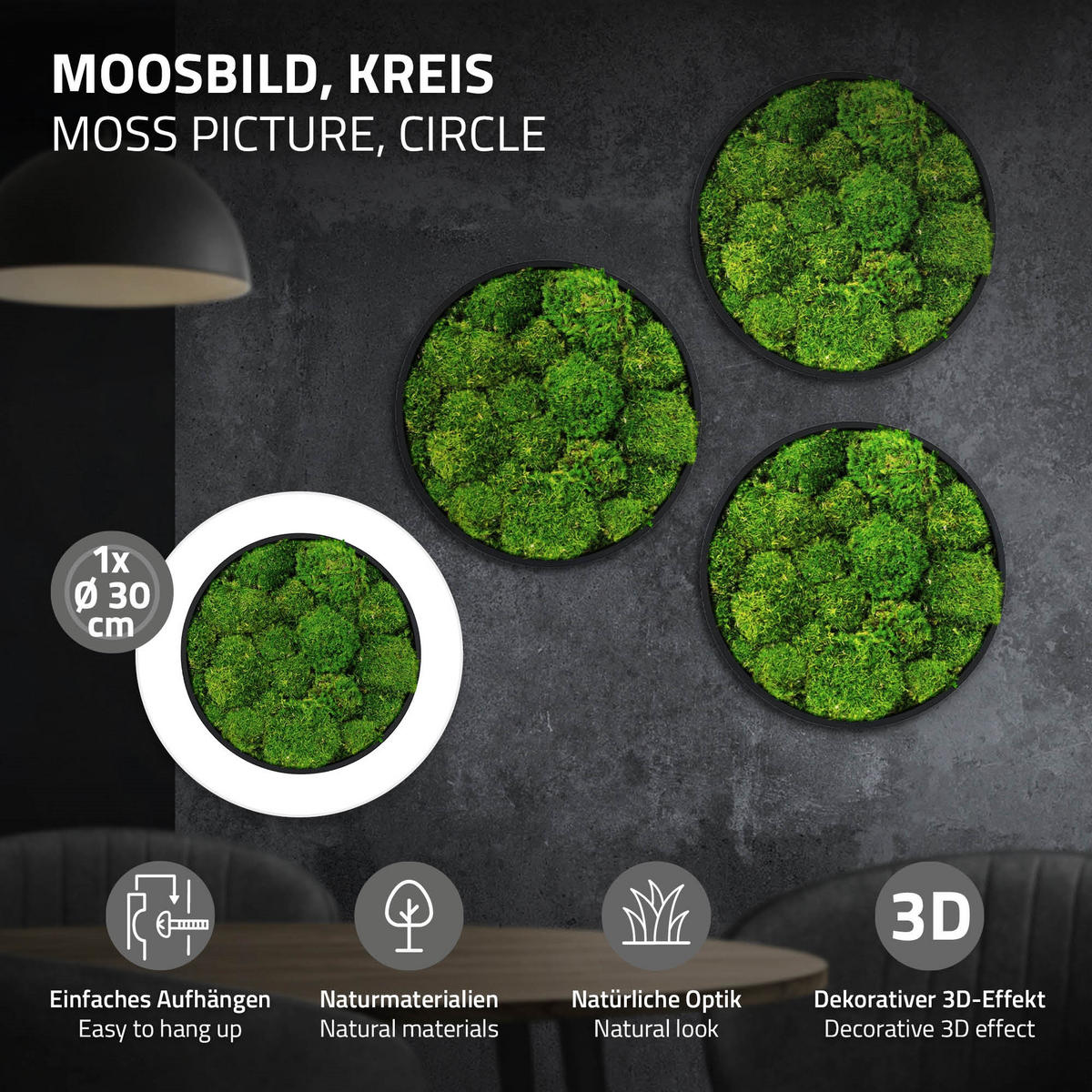 MOOSBILD Rund Ø 30 cm Mooswand Indoor mit Echtem Kugelmoos und Holzrahmen Grün Pflegefrei - Grün, Naturmaterialien (30/30/3cm) - ECD-Germany