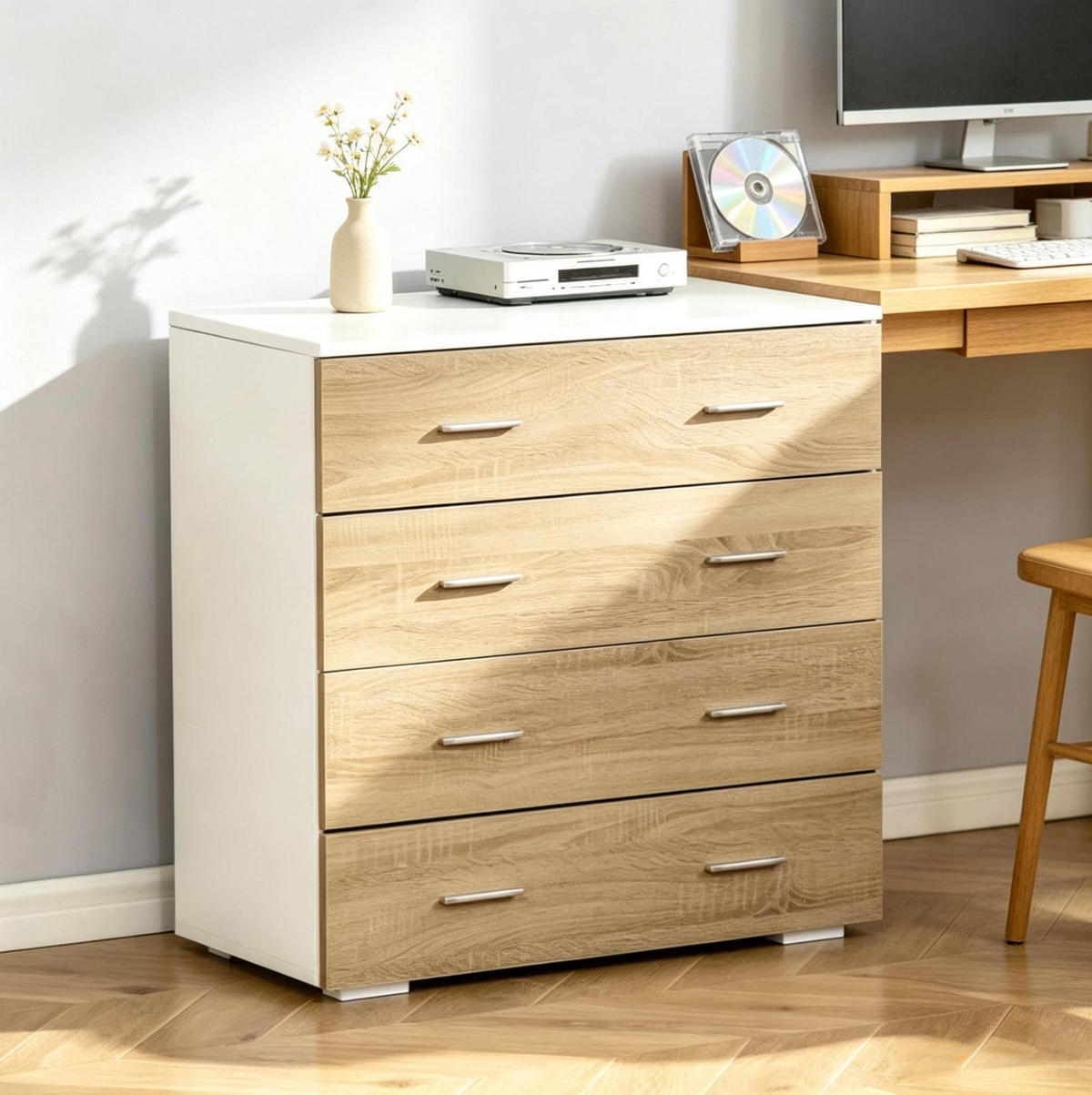KOMMODE in Weiß und hellem Holzdekor 76x35x72 cm mit 4 Schubladen - Weiß, Holzwerkstoff (35/72/76cm) - IVMEU