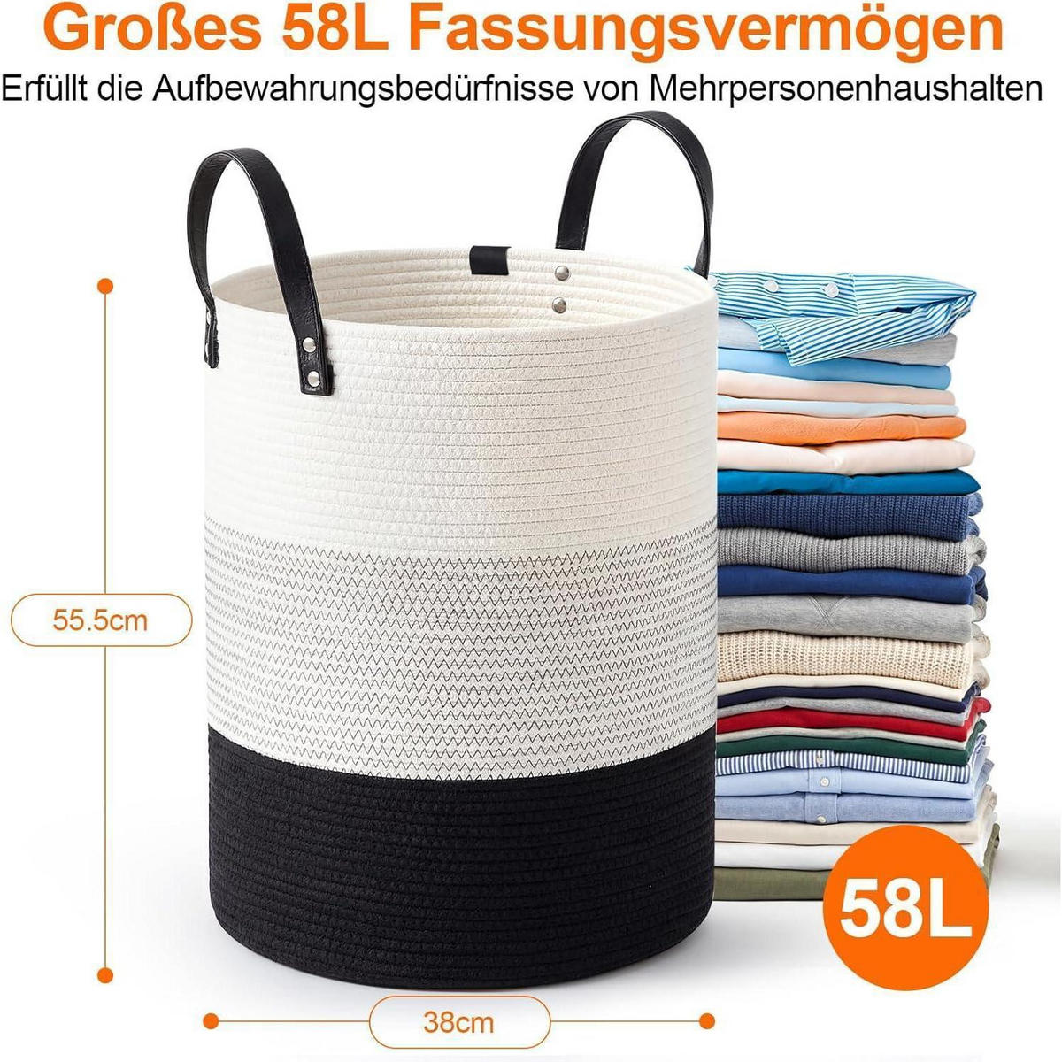WÄSCHEKORB 58L Baumwollschnur Schwarz-Weiß - Multicolor, Textil (38/50/38cm)
