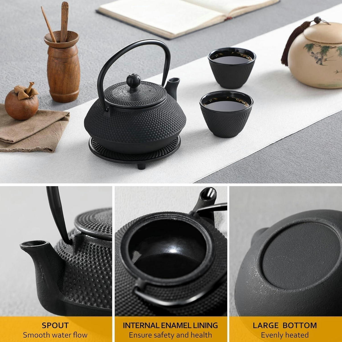 TEEKANNE mit Sieb 680ML Gusseisen Japanisch 3-teiliges Set - Schwarz, Metall (18/8cm)