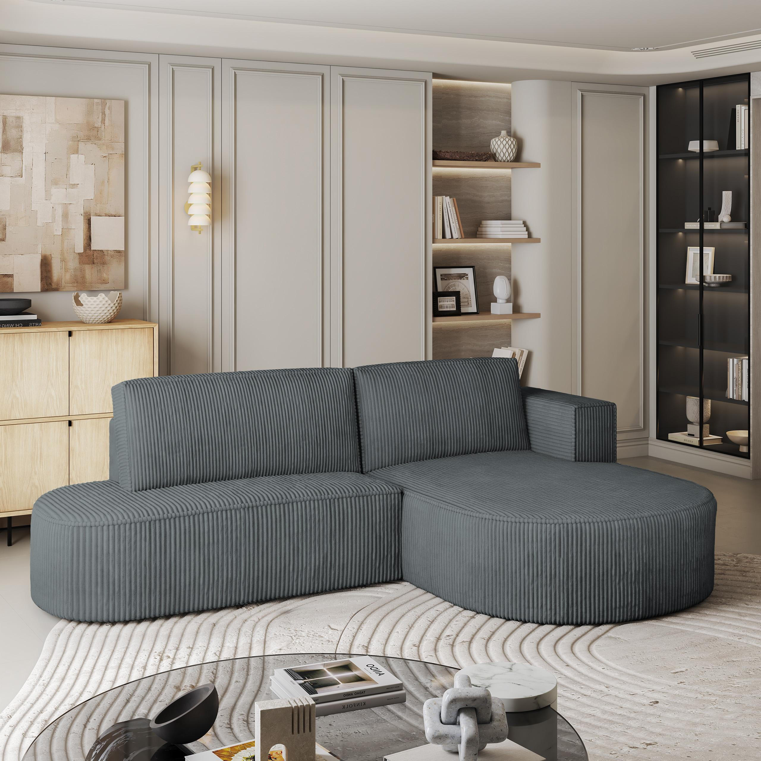 ECKSOFA CORTIO P R-S Grau Kordstoff mit Schlaffunktion - Grau, Holz (265/174cm) - MASSENO