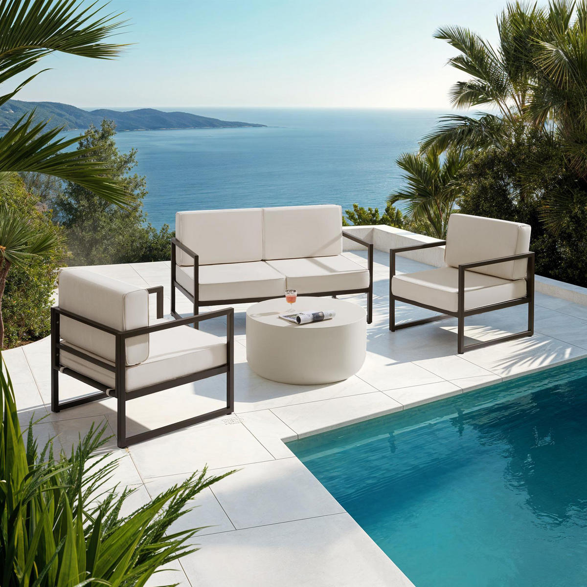 GARTEN-LOUNGESET Comosa,höhenverstellbare Füße,braun/beige - Beige/Braun, Kunststoff - tectake