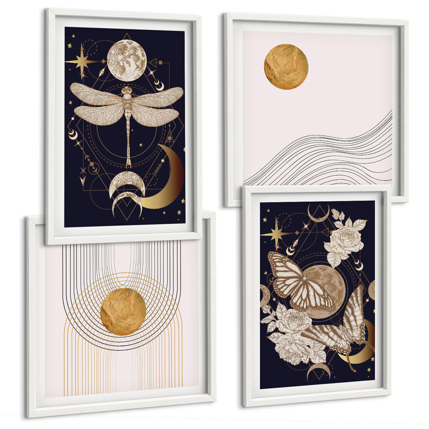 BILDER SET 4er Set - 50x50 cm & 40x60 cm Weißer Rahmen - Naturmotive mit dem Mond - Weiß, Kunststoff (50/50cm) - TULUP