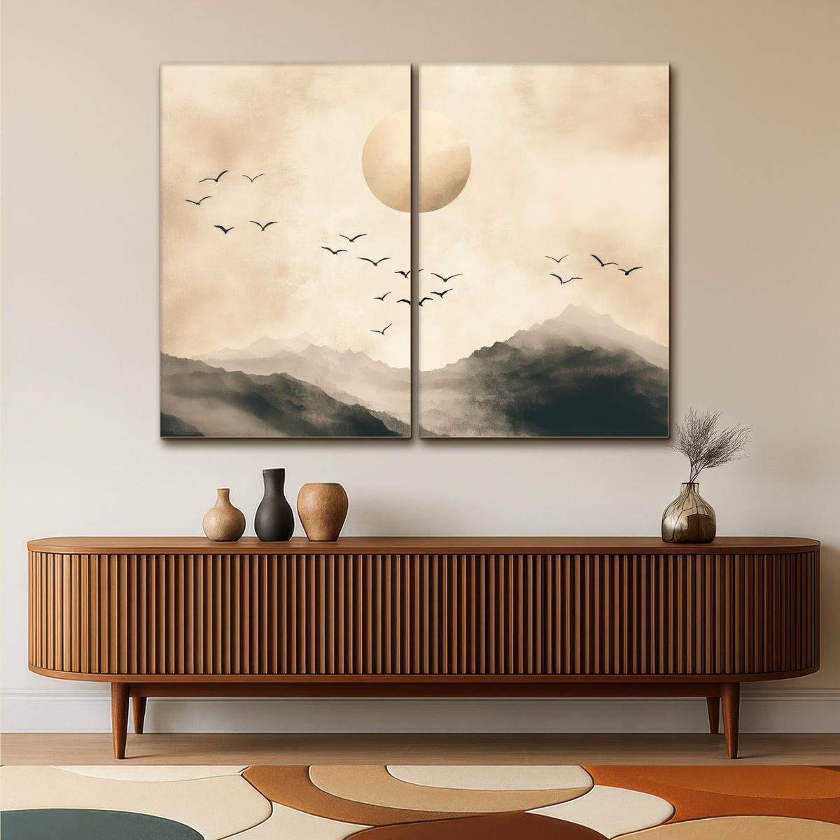 LEINWANDBILD 2er Set Landschaft - Japandi - Beige - Vögel 160x120 cm - Beige, Textil (160/120cm) - MuchoWow