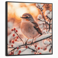 LEINWAND Bilder mit Rahmen - Vogel - Zweig - Winter - Tiere - Schnee - 90x90 - Bernsteinfarben, Textil (90/90cm) - MuchoWow