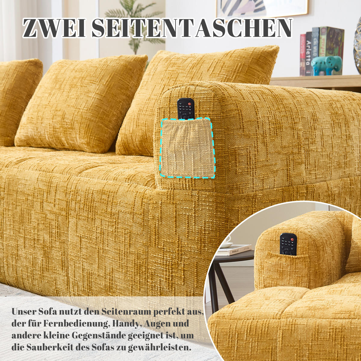 ECKSOFA chenille L-form mit chaiselongue & 3 kissen - Gelb, Textil (250/158cm) - Urban Meuble