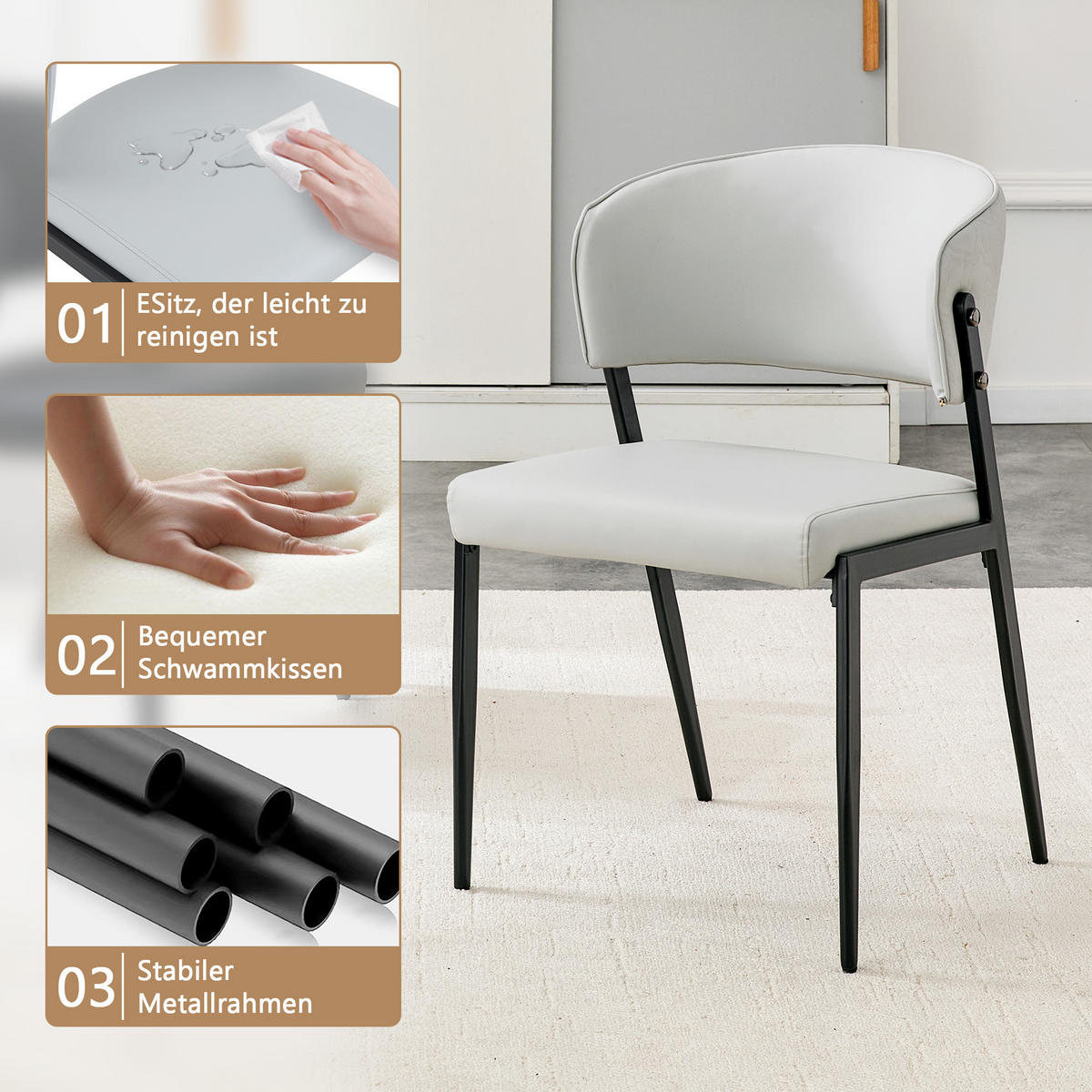 STUHL-SET DE-36686 2 Stück mit Kunstlederbezug und Metallgestell Hellgrau - Hellgrau, Metall (49/78/51cm) - ComfortXL