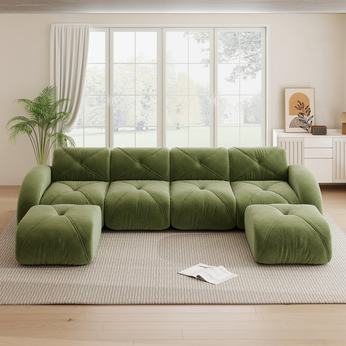 WOHNLANDSCHAFT Chenille Grün mit 2 Hocker - Grün, Textil (358/76/171cm) - WISHDOR