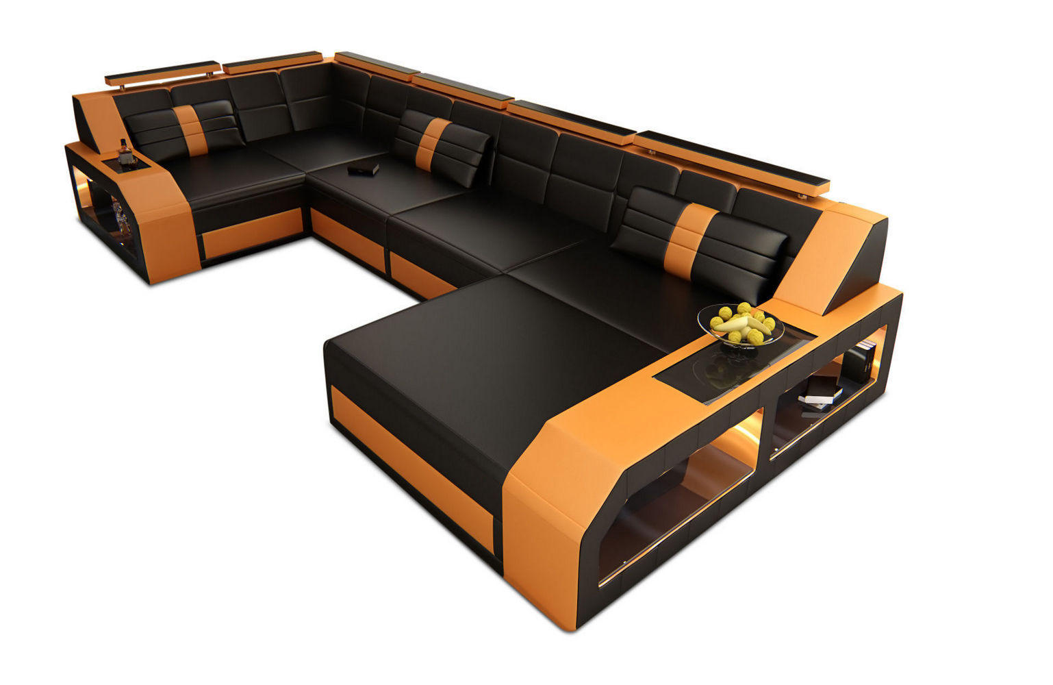 WOHNLANDSCHAFT Arezzo U - Schwarz/Orange, Leder (380/86/197cm) - Sofa Dreams