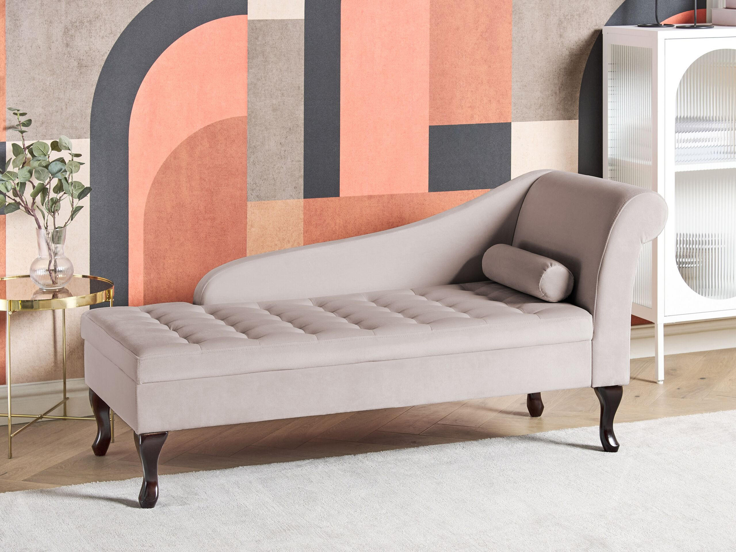 CHAISELONGUE Samtstoff hellbeige mit Bettkasten rechtsseitig Pessac - Beige/Schwarz, Textil (145/71/62cm) - Beliani
