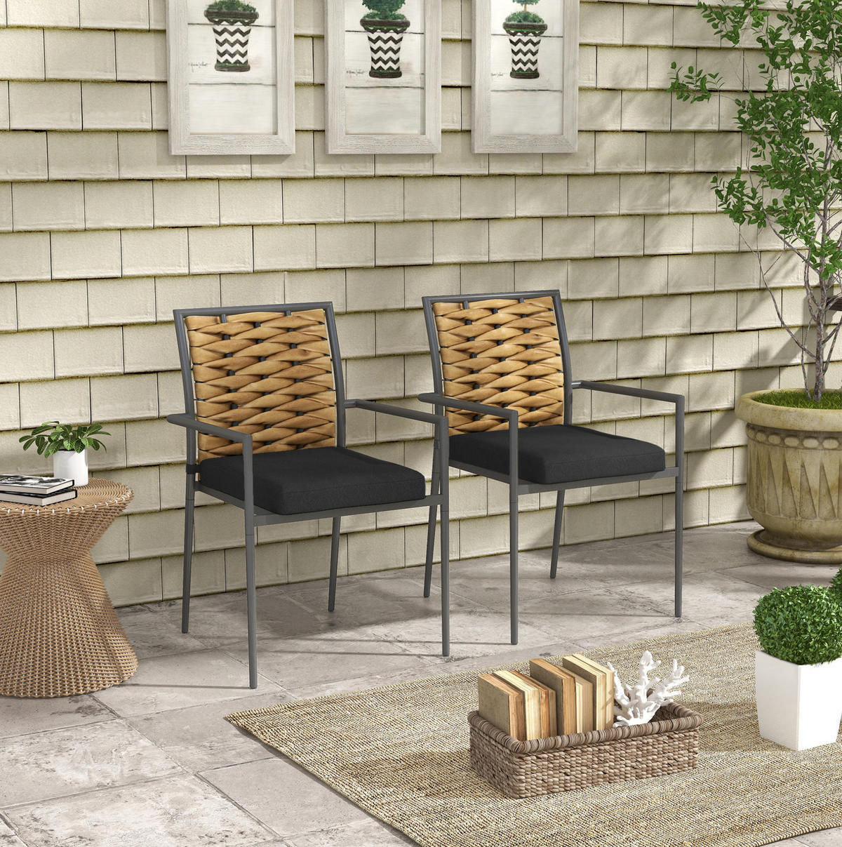 GARTENSTÜHLE aus Stahl 57x58x87 cm Schwarz stapelbar mit Kissen und PE-Rattan-Geflecht - Schwarz, Metall (58/87/57cm) - Modfu