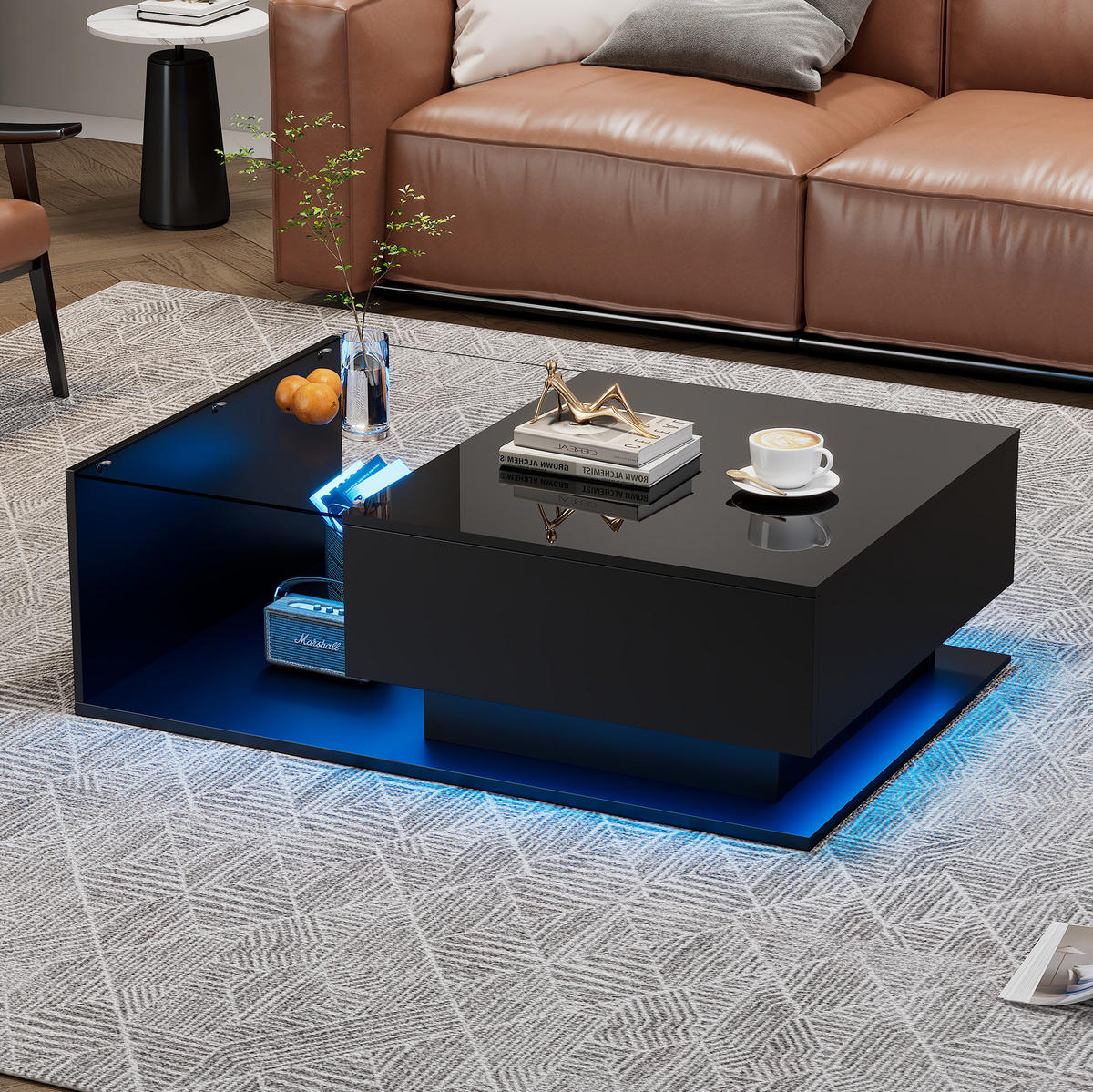 COUCHTISCH aus Spanplatte 100x50x32 cm Schwarz mit Glasplatte, Schublade und LED-Beleuchtung - Schwarz, Holzwerkstoff (100/50/32cm) - IVMEU
