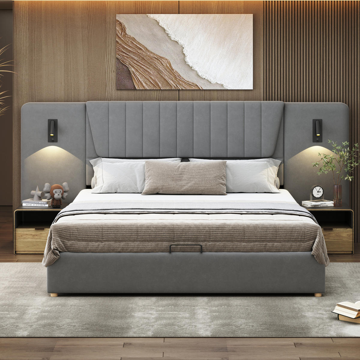 POLSTERBETT 180/200 cm in Grau mit Stauraum, USB-Anschlüssen und Leselampen - Grau, Textil (180/200cm) - Flora Grace
