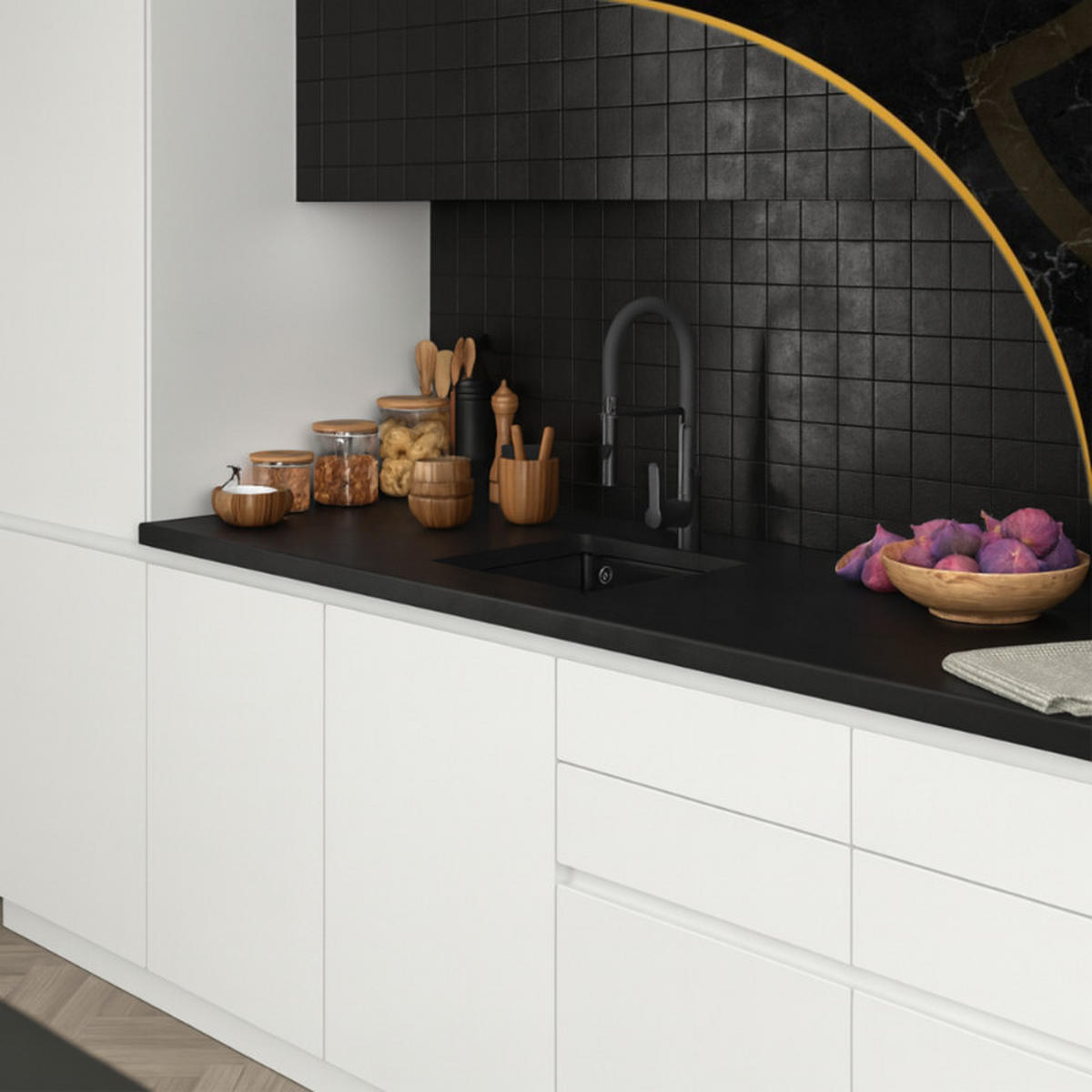 SPÜLBECKEN Napo 42 Schwarz 3 tlg. 420/420 mm Unterbau mit Siphon und Imprägnierung - Schwarz, Stein (42/42/20cm) - Granitan