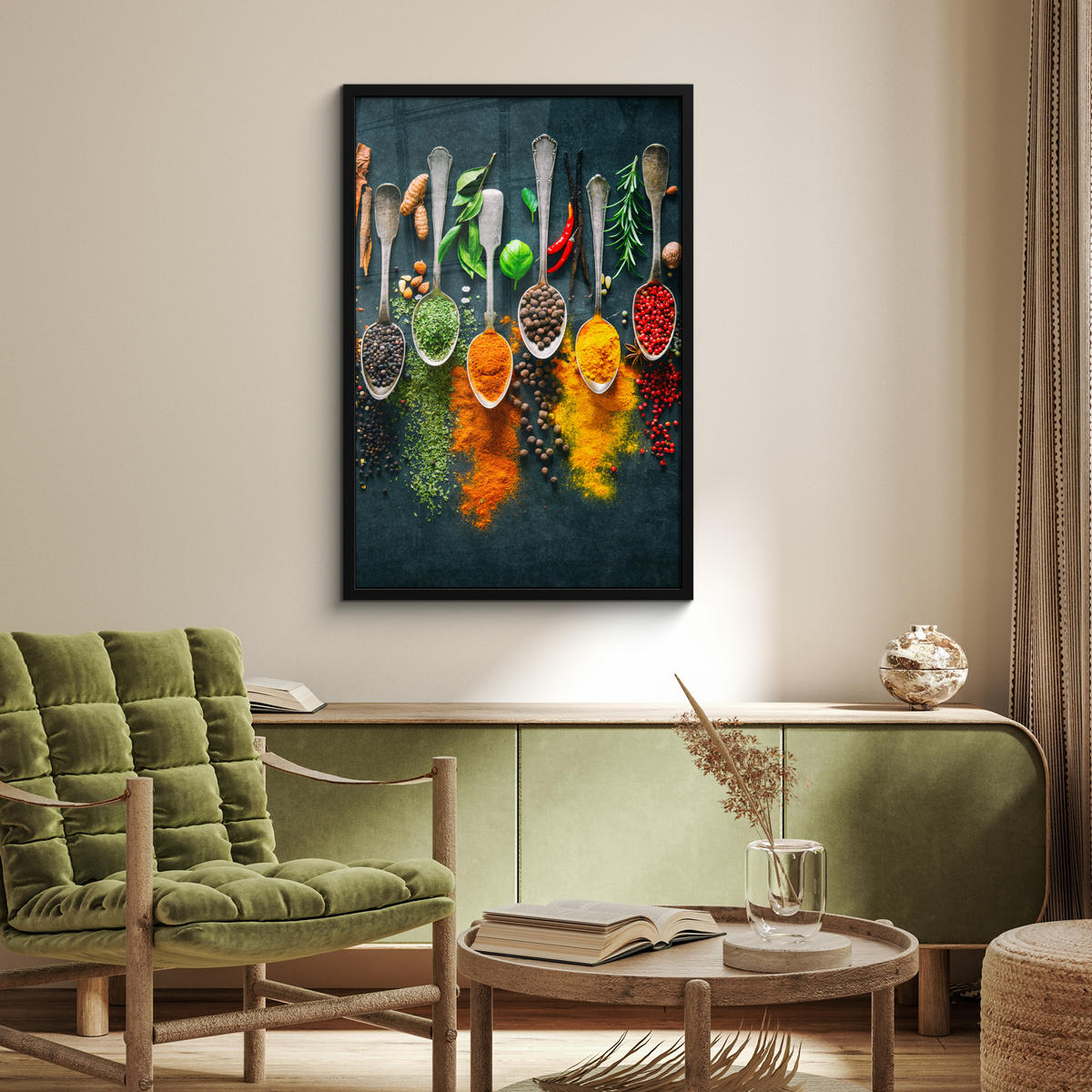 ZARÁMOVANÝ PLAGÁT Bylinky - korenie - lyžičky 60x90 cm - kari žltá, papier (60/90cm) - MuchoWow