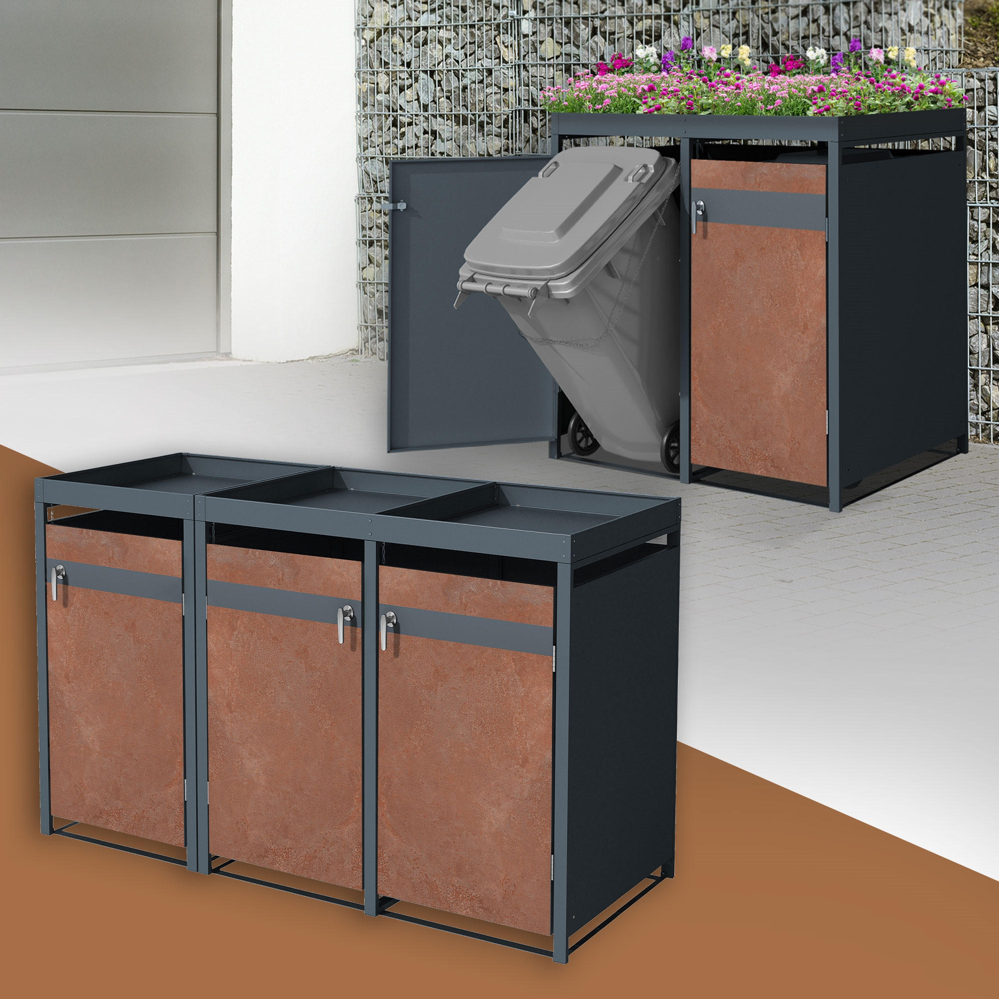MÜLLTONNENBOX 3er mit Pflanzdach Anthrazit-Rostoptik - Rotbraun, Metall (80/124/200cm) - ML-DESIGN