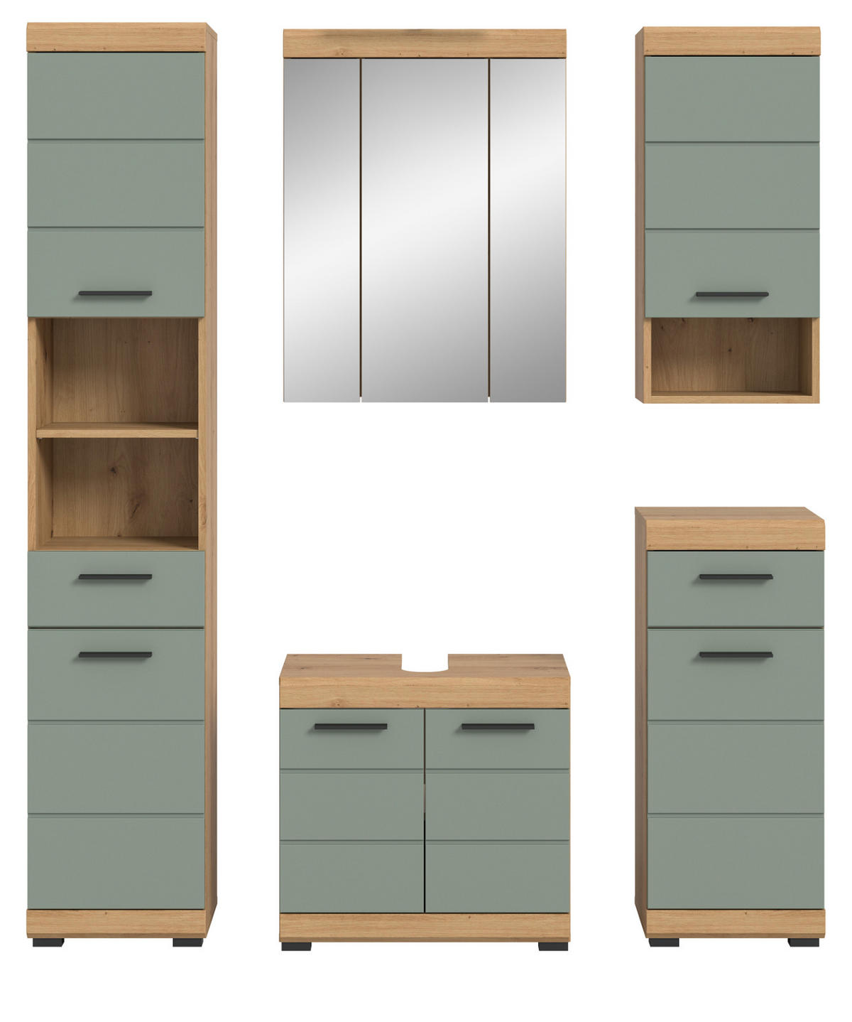 BADMÖBEL-SET Salbei grün, Eiche Artisan 5-teilig 164 cm, Komplettset mit viel Stauraum - Salbeigrün/Schwarz, Glas/Holzwerkstoff (164/191/34cm) - Inn.Furn