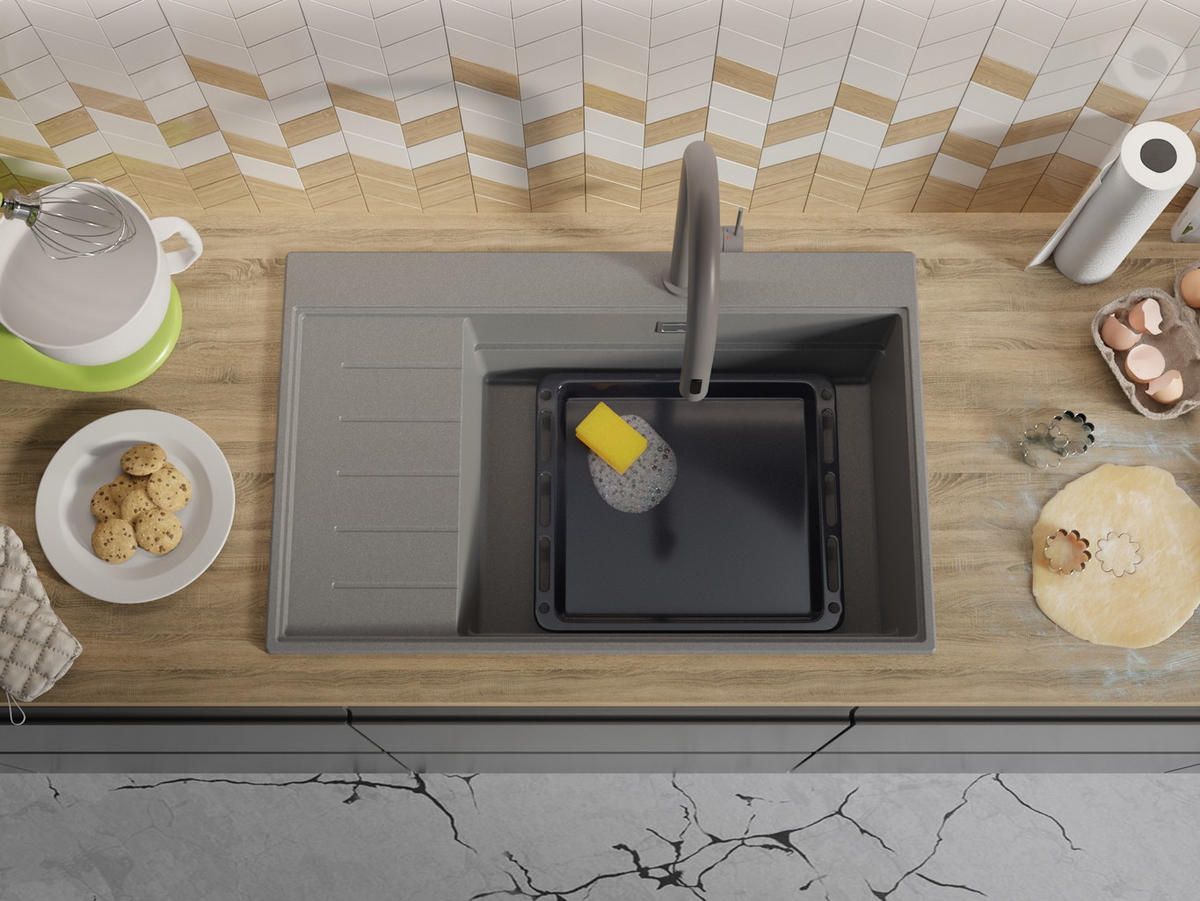 SPÜLBECKEN Sydney, 2-er set Grau 78/50 cm 1 Becken + Ablauf-Set + Küchenzubehörset ab 60er Unterschrank - Chromfarben/Beige, Kunststoff (78/20/50cm) - Primagran