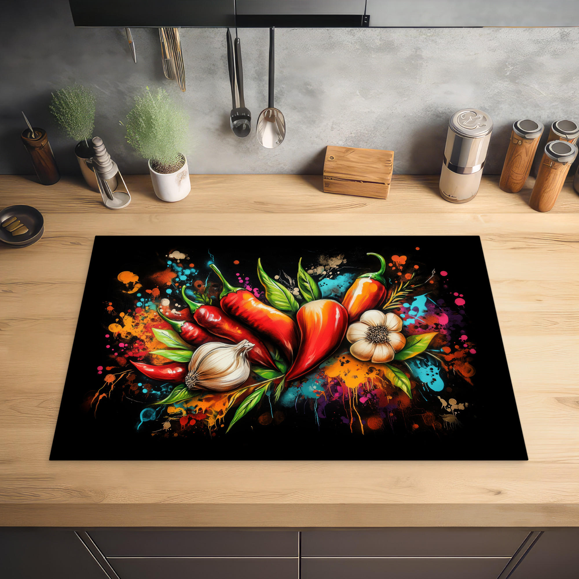 HERDABDECKPLATTE Gemüse - Paprika - Knoblauch - Graffiti - Farbe - Bunt 77x51 cm - Rot, Kunststoff (77/0.2/51cm) - MuchoWow